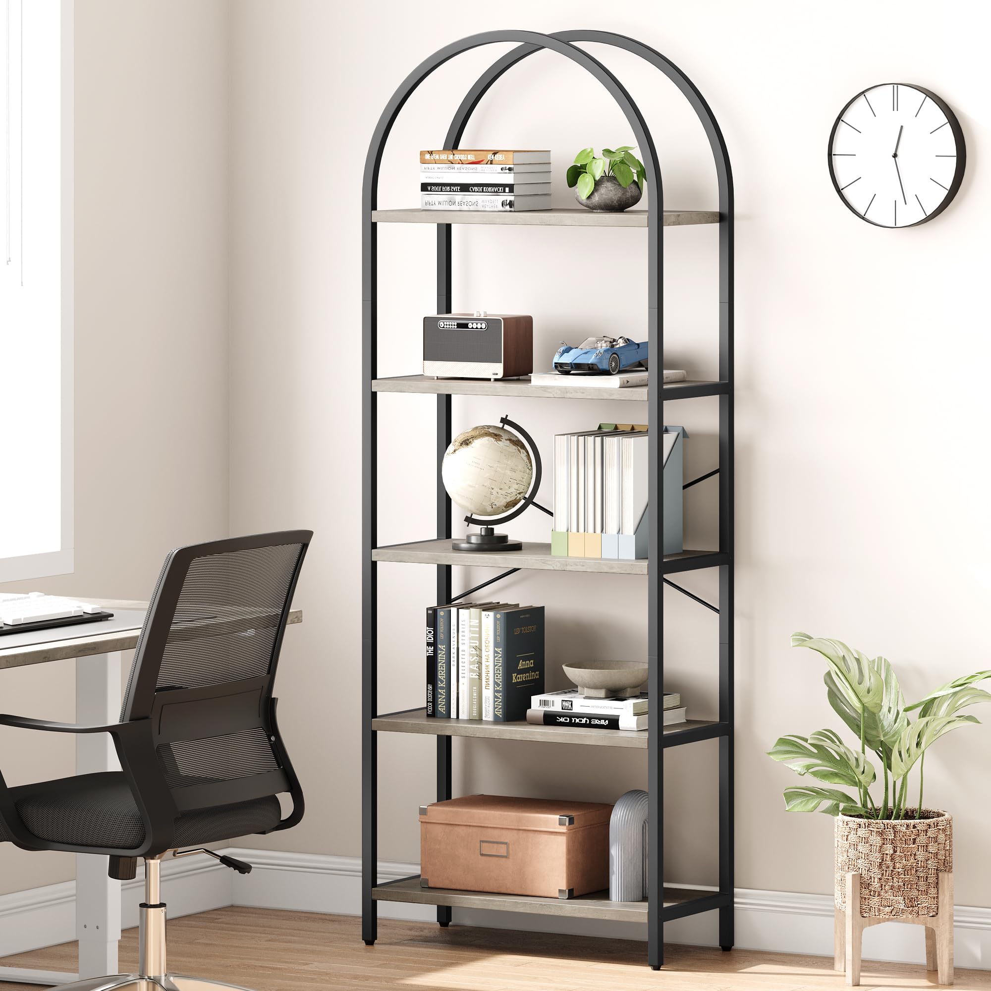 SLEKVERSA Arched Bookshelf 5 Tier Bookcase Display Racks Tall Bookshelves Modern Storage Rack Shelf Large Wood Book Shelf for Bedroom, Living Room,