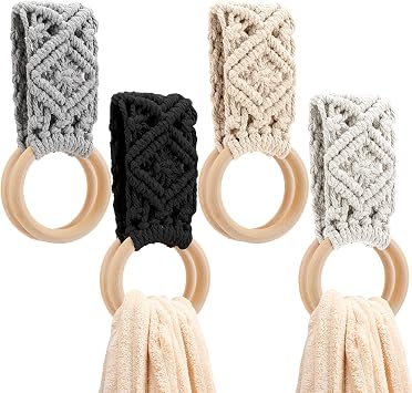 Tioncy 4 Pcs Kitchen Dish Towel Holder Crochet Towels Loop Ring,Gray | Handmade Macrame Ring for Kitchen Stove Cabinet Door, Hand Dish Holder Loop, Farmhouse Decor Gift Ideas