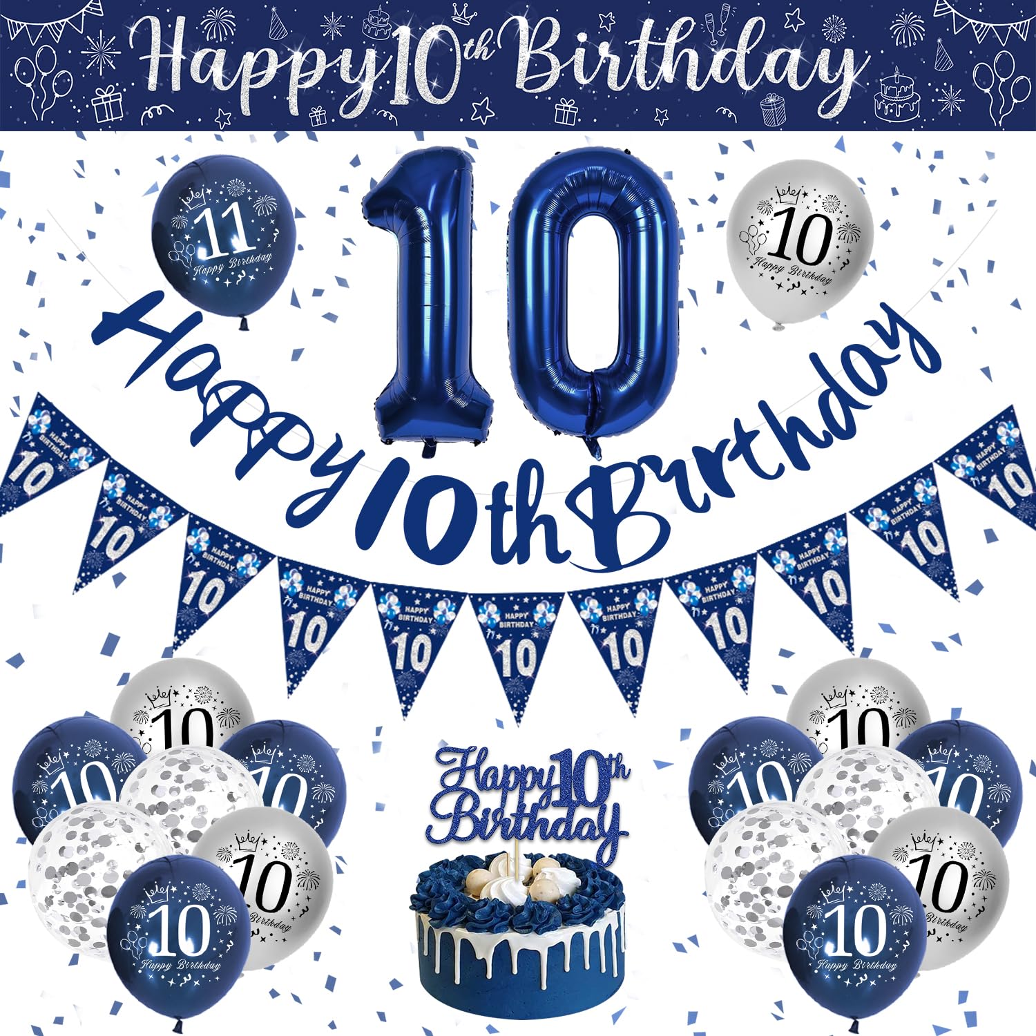 10th Birthday Decorations Boys, Blue and Silver Happy 10th Birthday Banner, Navy Blue and Sliver 10th Birthday Balloons, Confetti Balloons 10th Party Decorations for Boy, 10th Birthday Party Supplies โ image 1