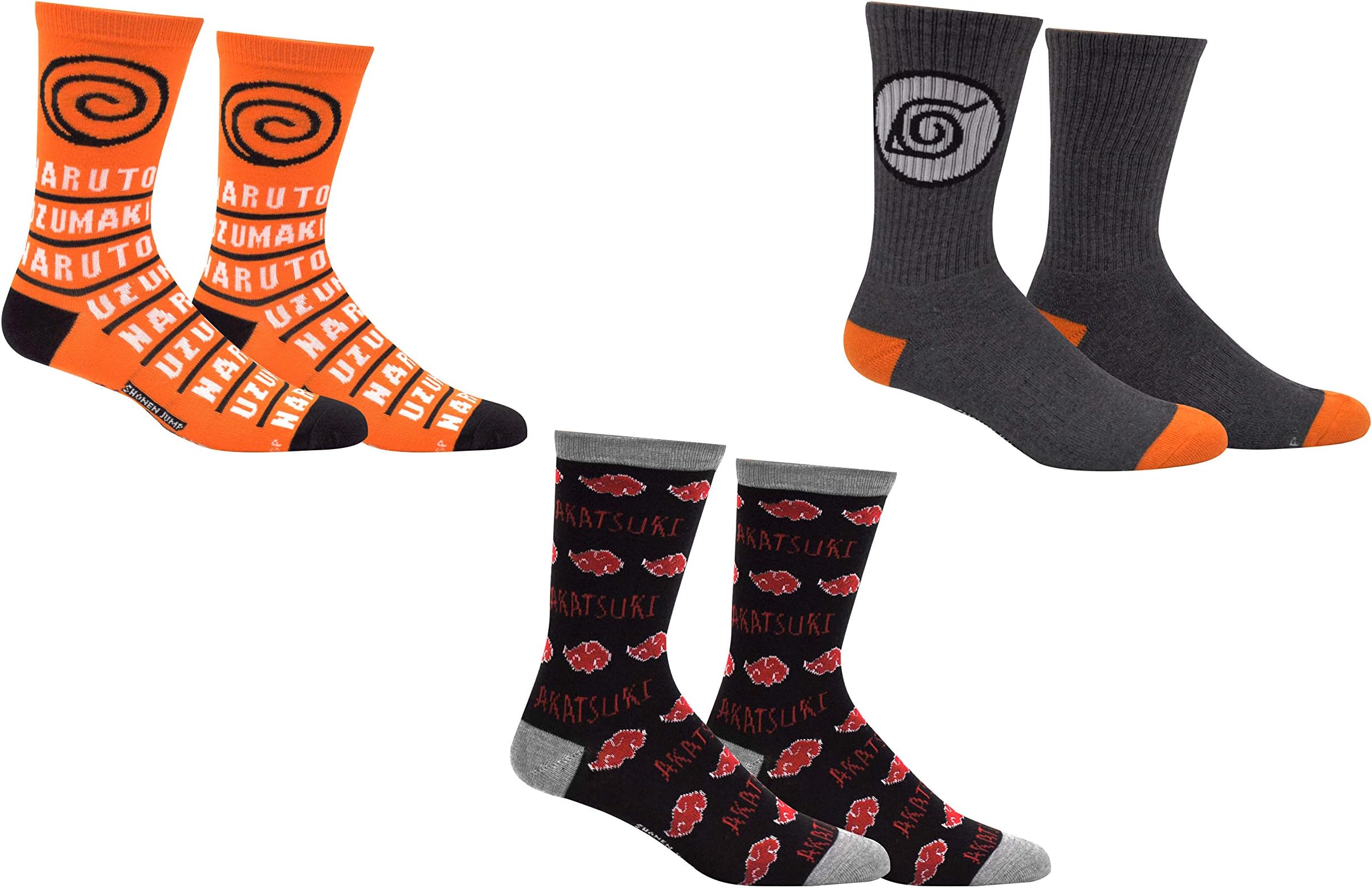 Everything Legwear Naruto Shippuden Socks Cosplay (3 Pair) - (1 Size) Akatsuki Socks Naruto Gifts Anime Crew Socks Women & Men's
