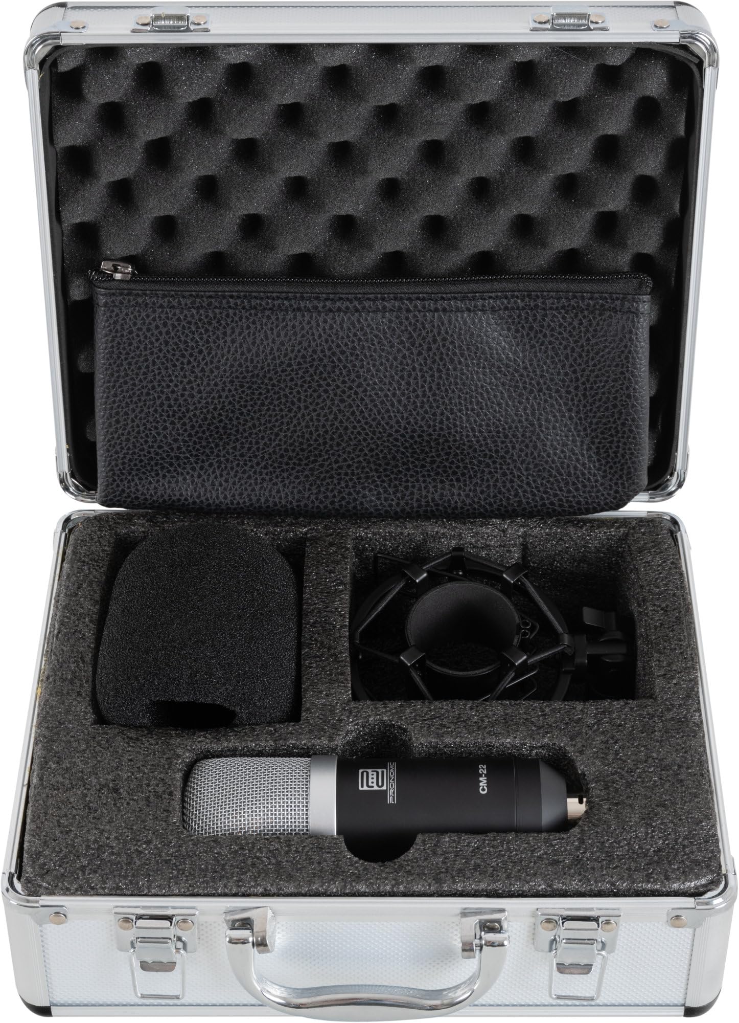 Pronomic CM-22 Studio Großmembranmikrofon XLR-Kondensatormikrofon (mit Mikrofonspinne, Etui, Windschutz, Reduziergewinde und Transportkoffer) schwarz