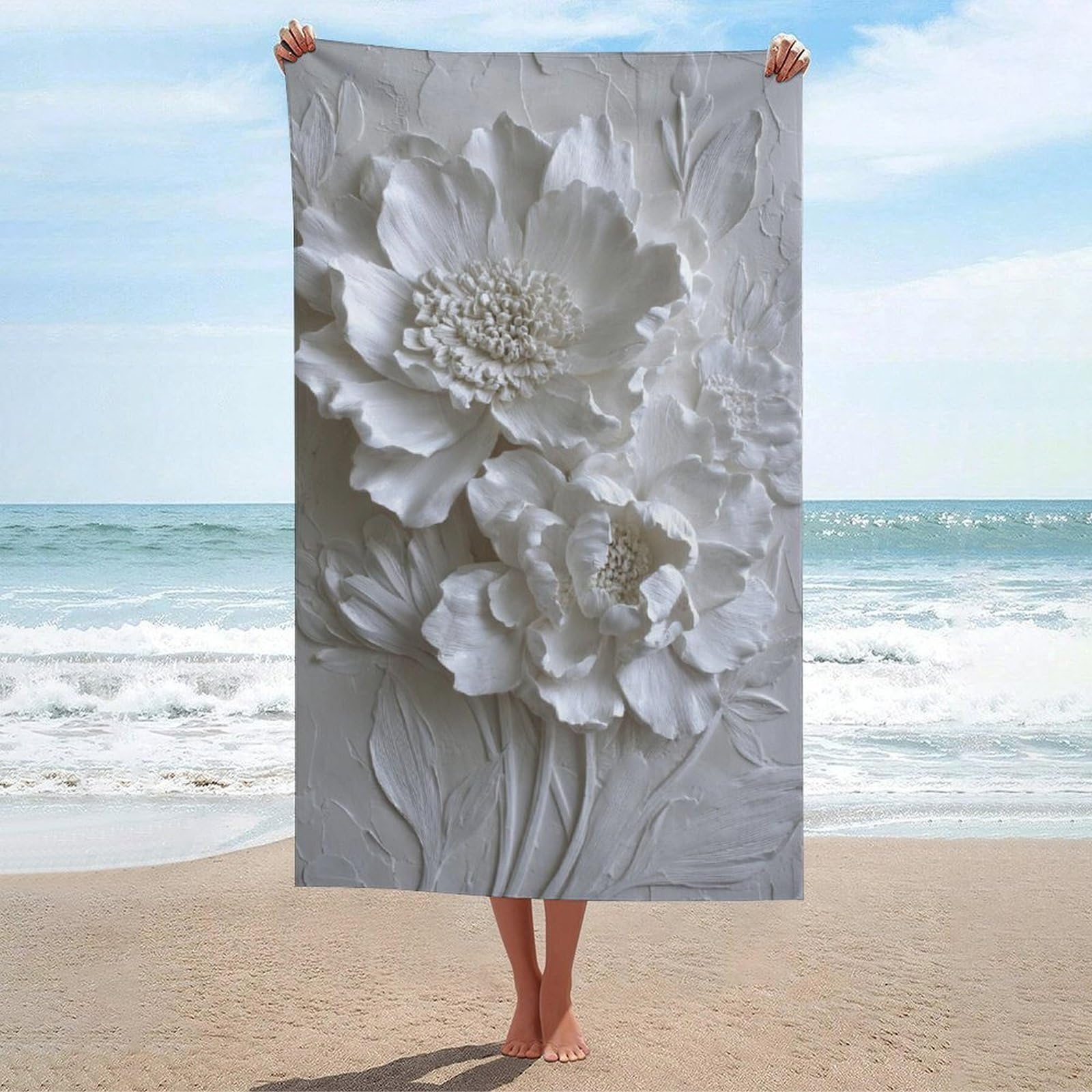 asbwuo White Textured Flower Painting Beach Towel