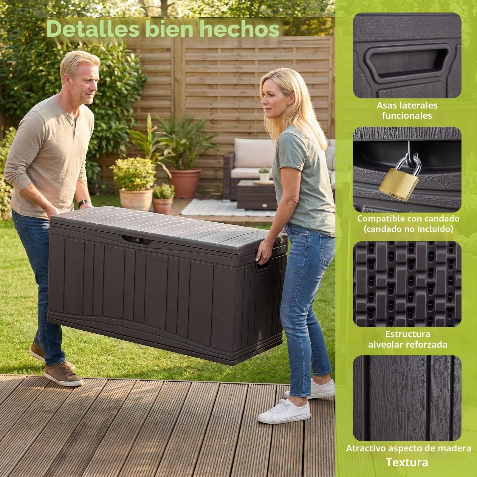 GIANTEX Baúl de Almacenaje para Jardín con Capacidad de 300L, Arcón Exterior de Resina con Tapa y Orificio para Candado, Contenedor Impermeable para Patio, Terraza, 114 x 55 x 61 cm (Marrón)