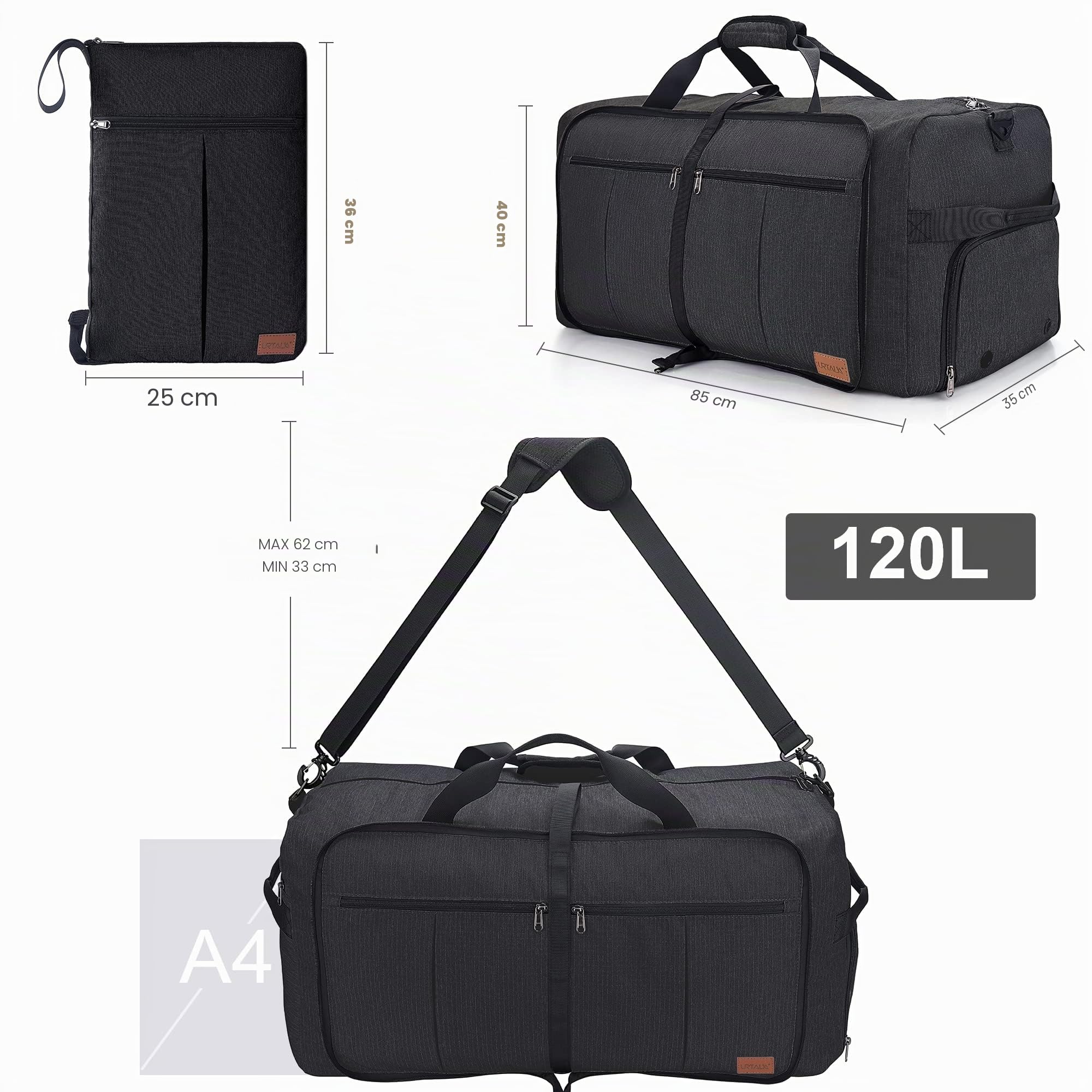 Urtala 120L Borsone da Viaggio Borsone Palestra Uomo Donna, Borsa Sportiva con Scomparto per Scarpe e Tracolla, Leggero e Impermeabile