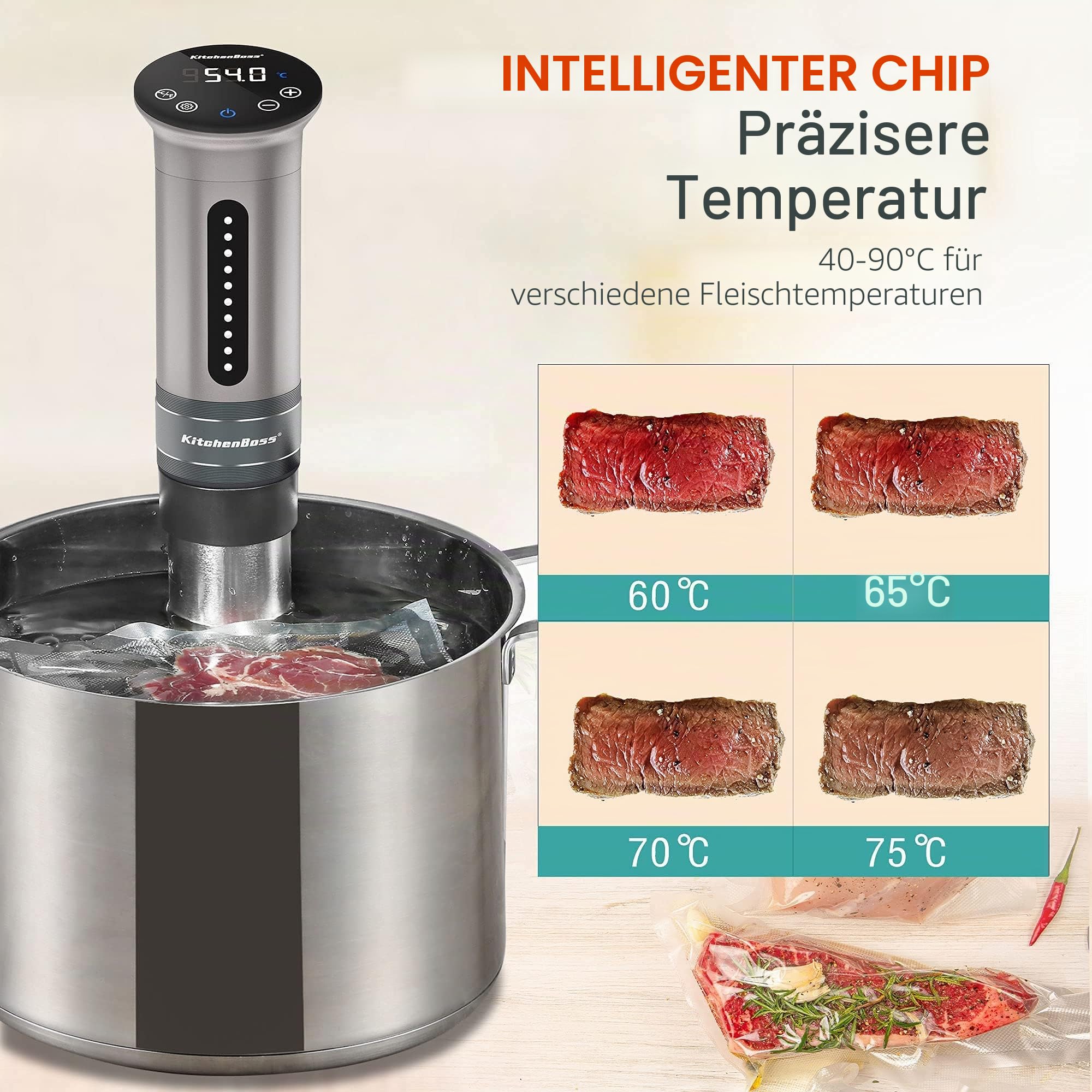 KitchenBoss Vakuumierkocher 1100W IPX7 Wasserdicht Tauchcomputer für den Herd Einstellbarer Thermostat für eine präzise Temperaturregelung