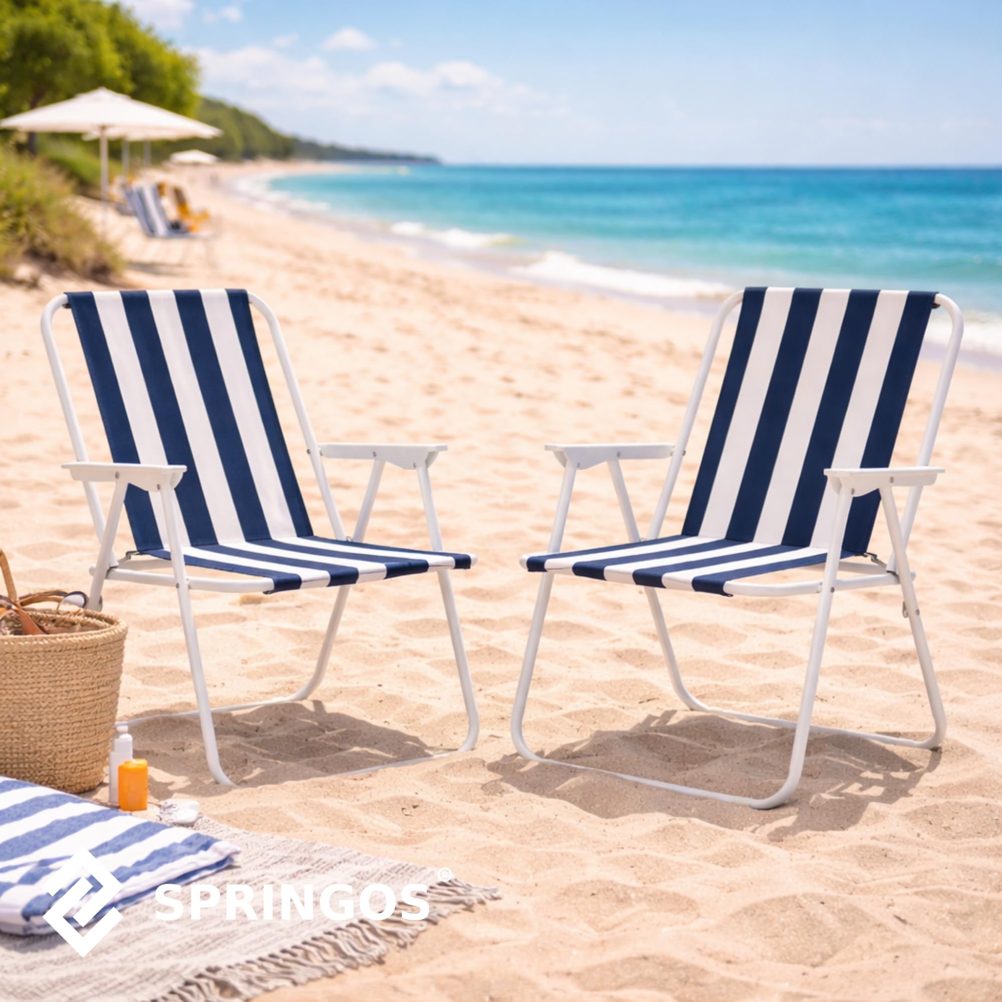 SPRINGOS - Set 2 Sedie Pieghevoli da Campeggio con Braccioli, Leggere, con Telaio in Metallo, Facili da Trasportare, per Esterni, Spiaggia, Giardino, 100 kg di Carico
