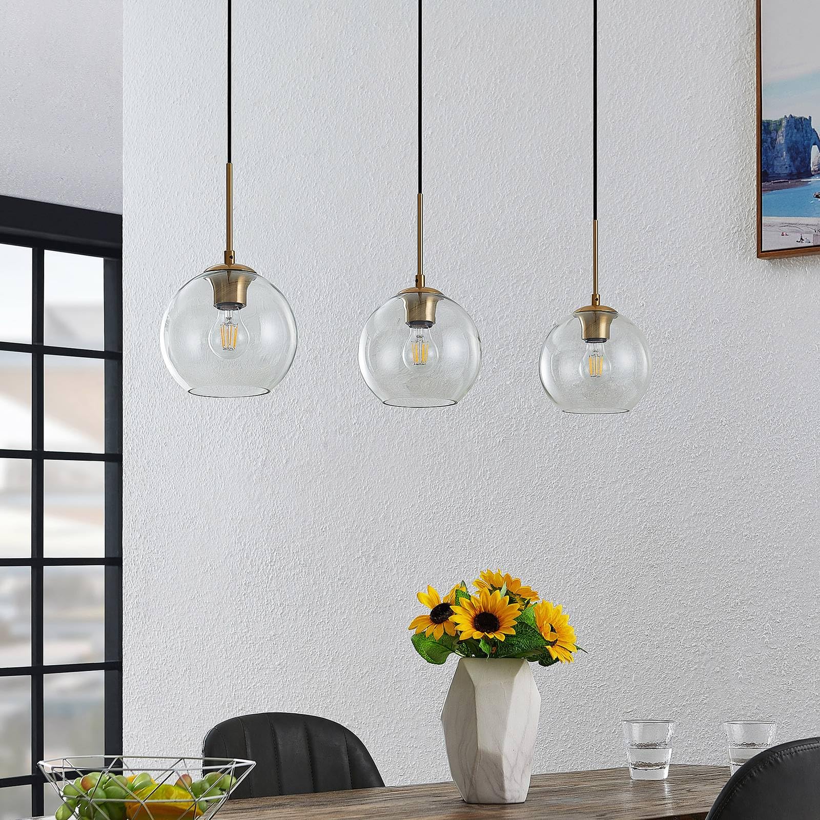 Lindby lámpara colgante en latón, transparente, luminaria suspendida | e27, 3 bombillas, moderno, vidrio para sala de estar, salón, comedor