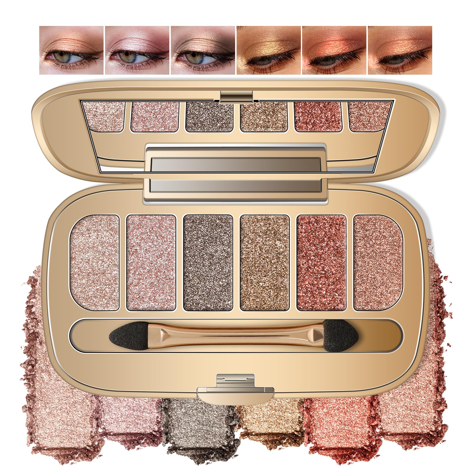 Noerrors Neutral Metallic Shimmer Eyeshadow Palette, Multi-Dimension Liquid Foiled Finish-Champagne, Soft Pink, Hazel, Copper Red, Long Lasting Pigmented Sparkly Glitter Mini Travel Cream Eye Shadow #06