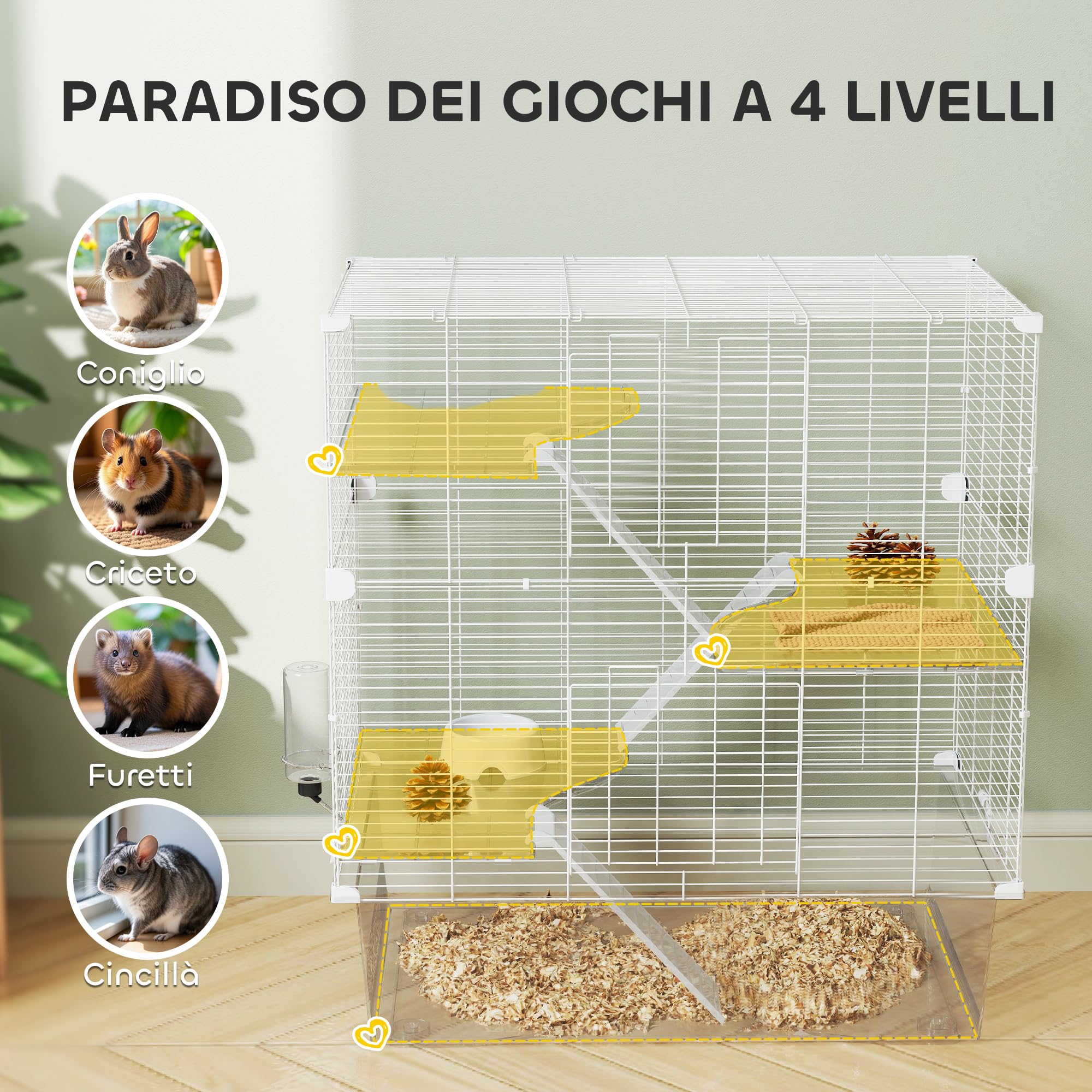 PawHut Gabbia per Roditori Multilivello con Accessori Inclusi, Gabbia per Criceti in Acciaio, PET e PS, 73x47x80 cm, Bianco