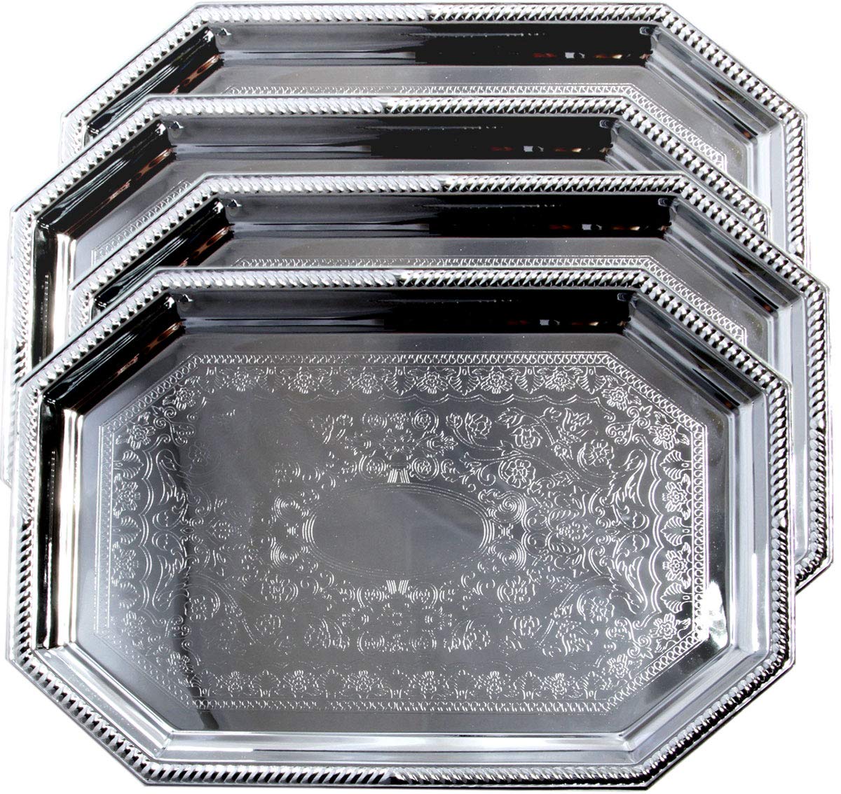 (Pack of 4) 17.1-Inch x 11.8-Inch Octagonal Victoria Floral Engraved Catering Chrome Plated Serving Plate Mirror Tray Platter Tableware Birthday Wedding Buffet Party T155m-4pk (Medium)