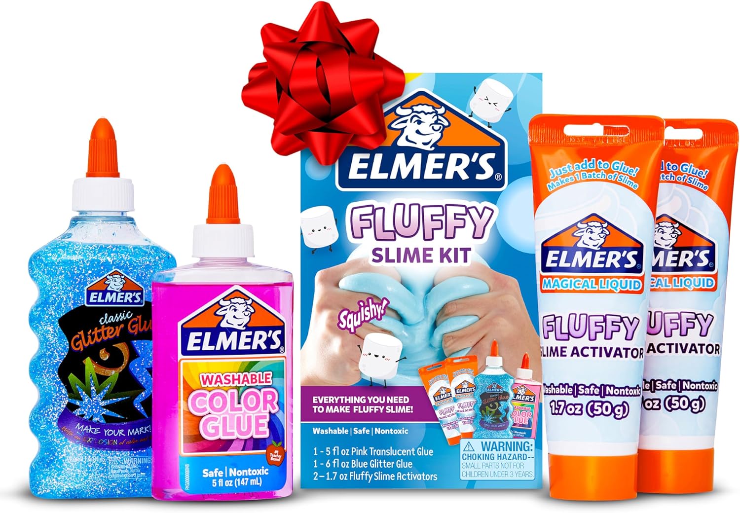 Elmer’s Fluffy Slime Kit, Includes Translucent Color Glue, Glitter Glue, Fluffy Slime Activator, 4 Count - Perfect for Parties, Gift, Activity Time