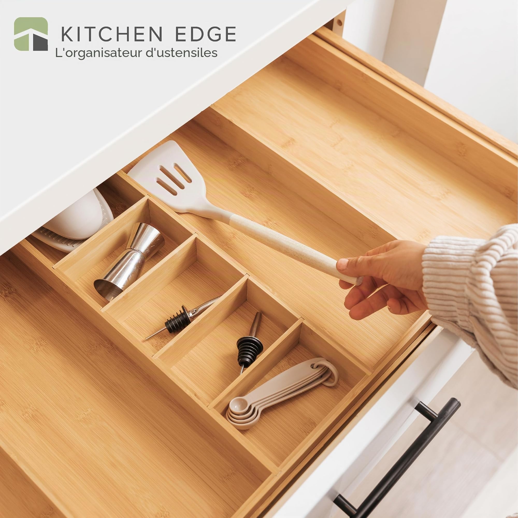 KitchenEdge Organiseur de tiroir de cuisine réglable pour ustensiles et déchets, extensible jusqu'à 83 cm de large, 9 compartiments, 100% bambou