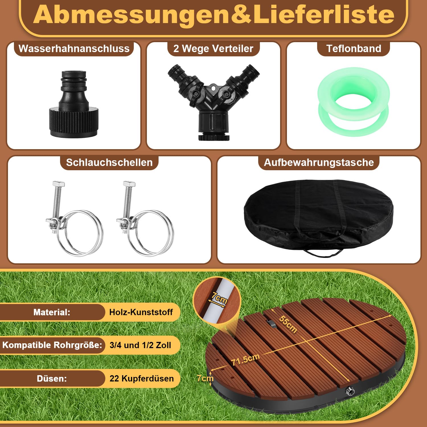 𝐎𝐥𝐥𝐞𝐰𝐢𝐞𝐥𝐥𝐚𝐧 Bodendusche Outdoor WPC, Gartendusche Außendusche mit Bodenplatte, Pooldusche mit 22 Messingdüsen,Wasserfontäne bis 4 m, Kalt-/Warmwasser Y-Verteiler,300 kg,Tragetasche