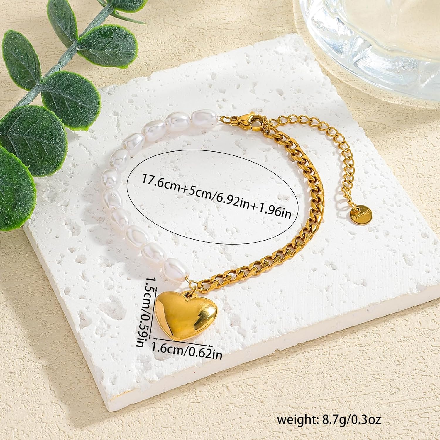 Gold Stainless Steel Plated Pearl Heart Pendant Bracelet for Women, Y2k Aesthetic Chunky Chain Adjustable Bracelet, Dainty Fashion Jewelry Gift for Birthday Christmas Valentines Day - Image 9