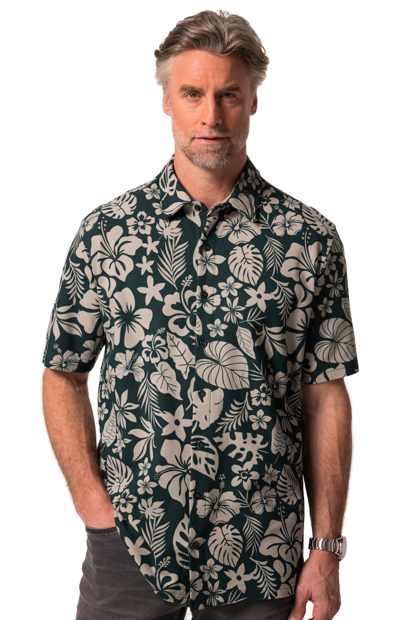 Boston Park Herren große Größen Übergrößen Menswear L-8XL Piqué-Hemd, Halbarm, floraler Alloverprint, Kentkragen, Modern Fit 839659