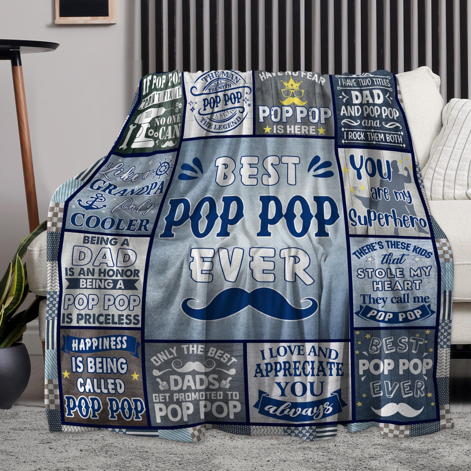 Best Pop Pop Gifts Blanket 60"X50", Pop Pop Gifts for Grandpa from Grandkids, Gifts for Pop Pop for Birthday Fathers Day Christmas, Warm Soft Cozy Plush Fleece Flannel Blanket for Pop Pop