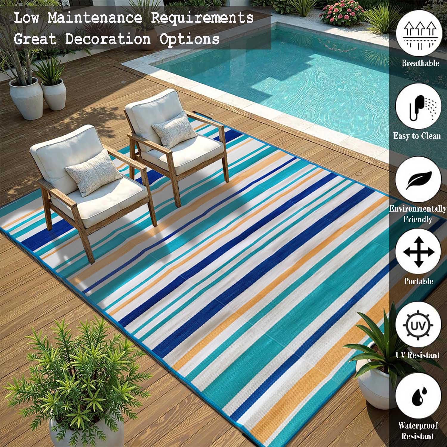 Tapis Extérieur Terrasse Rayés Moderne,120x180 Tapis de Sol Extérieur en Plastique Réversible,Tapis Extérieur Résistant à la Pluie Pliable pour Balcon Camping Pique-Nique (Bleu/Blanc/Orange)