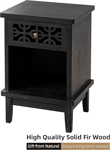 Miniatura 5 de COZAYH Juego de 2 mesitas de noche retro rústicas de abeto sólido con parte delantera tallada a mano y estante abierto para estilo bohemio, campo
