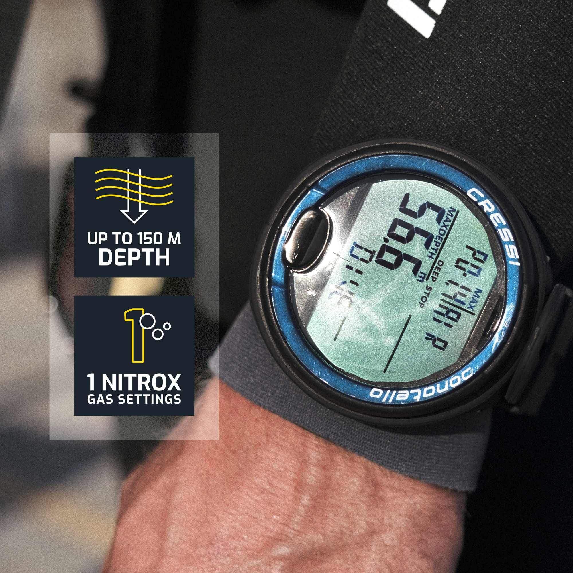 Cressi Donatello Computer Subacqueo – Modalità Aria/Nitrox, Apnea e Gauge – 150m Resistenza, Display ad Alto Contrasto – Batteria Sostituibile, Deep Stop, Indicatore Tossicità CNS
