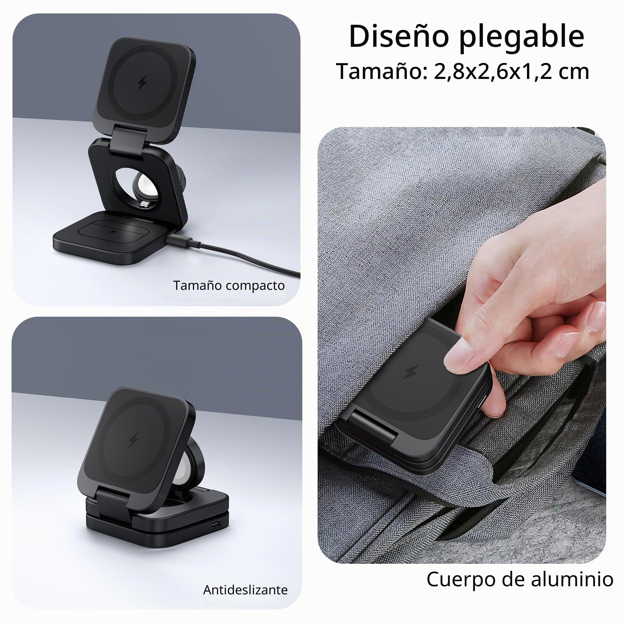 Cargador inalámbrico magnético de aleación de Aluminio Plegable para Apple, estación de Carga inalámbrica rápida de Tres en uno para iPhone,Asiento de Carga de Viaje 5W para Apple Watch Ultra AirPods