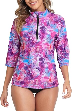 Halcurt Womens 3/4 Sleeve Rash Guard Swimsuit Top High Neck Half Zip Swim Shirt Only UPF50+ Quick Dry Bathing Suit