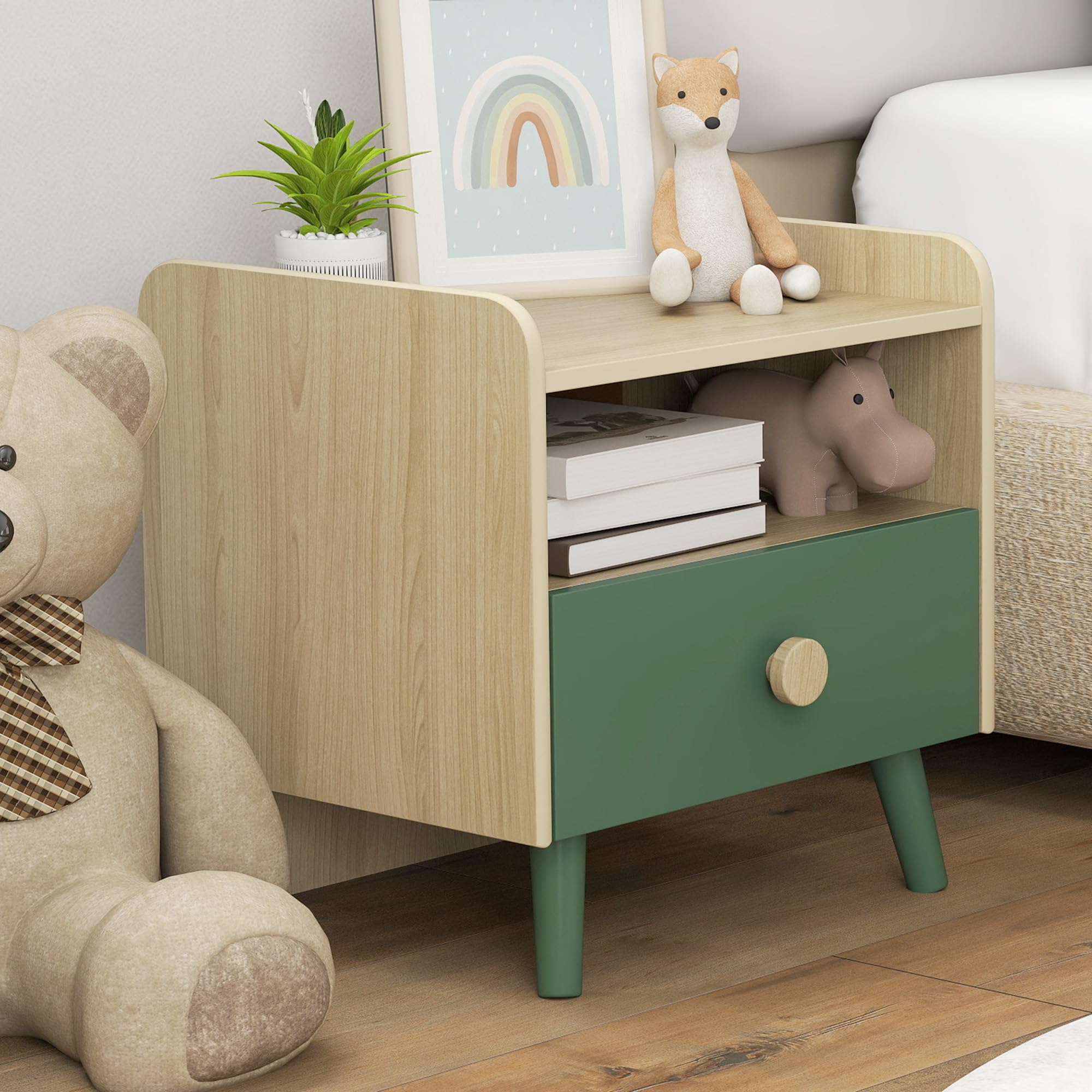 AIYAPLAY Lot de 2 Tables de Chevet Enfant, Tables de Nuit Enfant avec tiroir et Niche, Petite Table d'appoint en Bois pour Chambre d'enfant, 40L x 32,5l x 40H cm, Vert