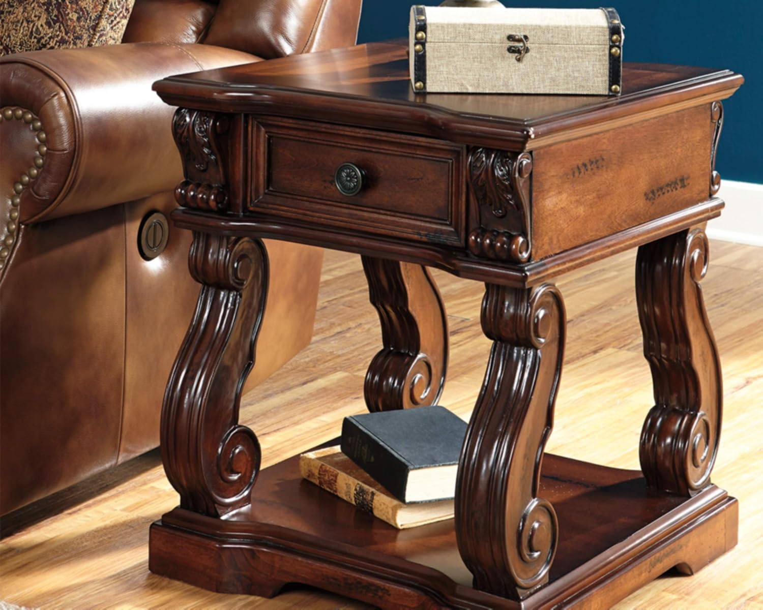 Signature Design by Ashley Alymere Traditional Square End Table, Hand-Finished with 1 Storage Drawer, Dark Brown