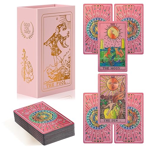 lrjrizzo Tarot Cards for Beginners Pink Tarot Cards with Guide Book Gold Foil with Meanings on Them 78 Classic Origina Rider Waite Taro Deck Fortune Telling Game（Pink）