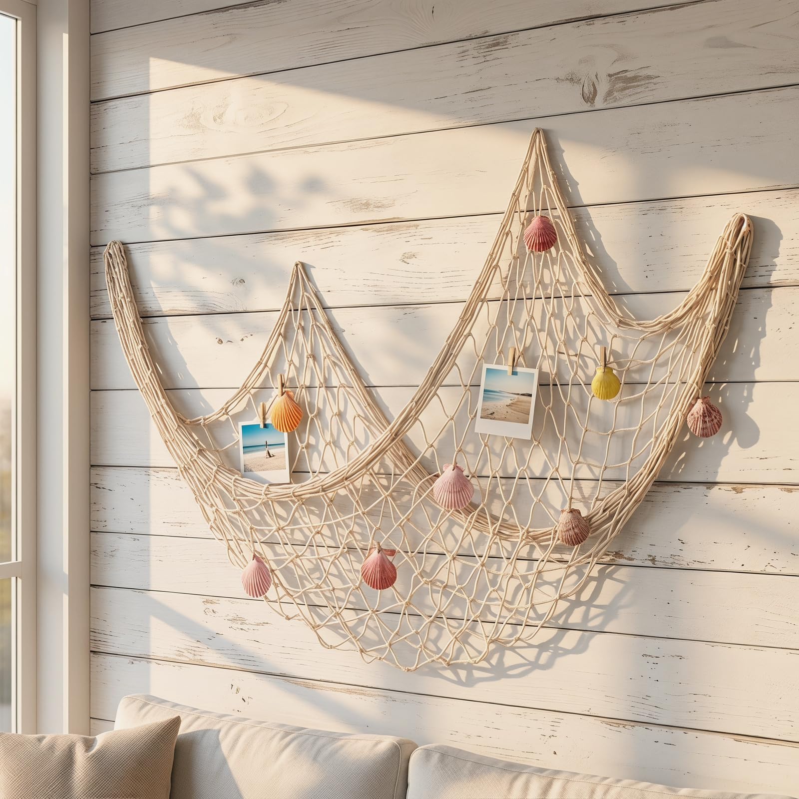 Fischernetz Deko 100x200cm Beige, mit Muscheln & Holz Schwimmer, Wandgitter Netz Baumwolle, Wanddeko zum Aufhängen für Wandteppich, Wohnzimmer, Fotowand, Badezimmer & Party