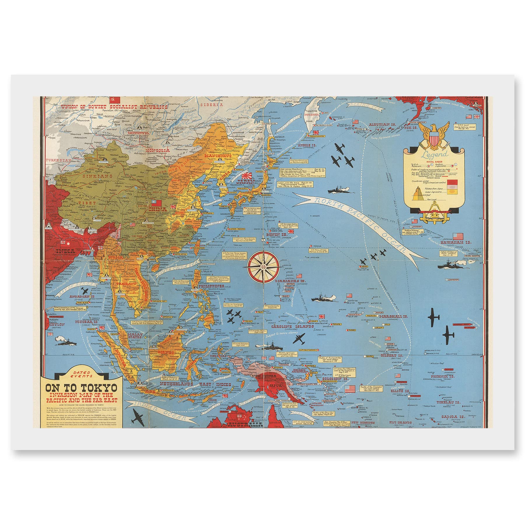 Artery8 Military Map Turner 1944 World War WWII On To Tokyo Pacific Artwork Framed Wall Art Print A4