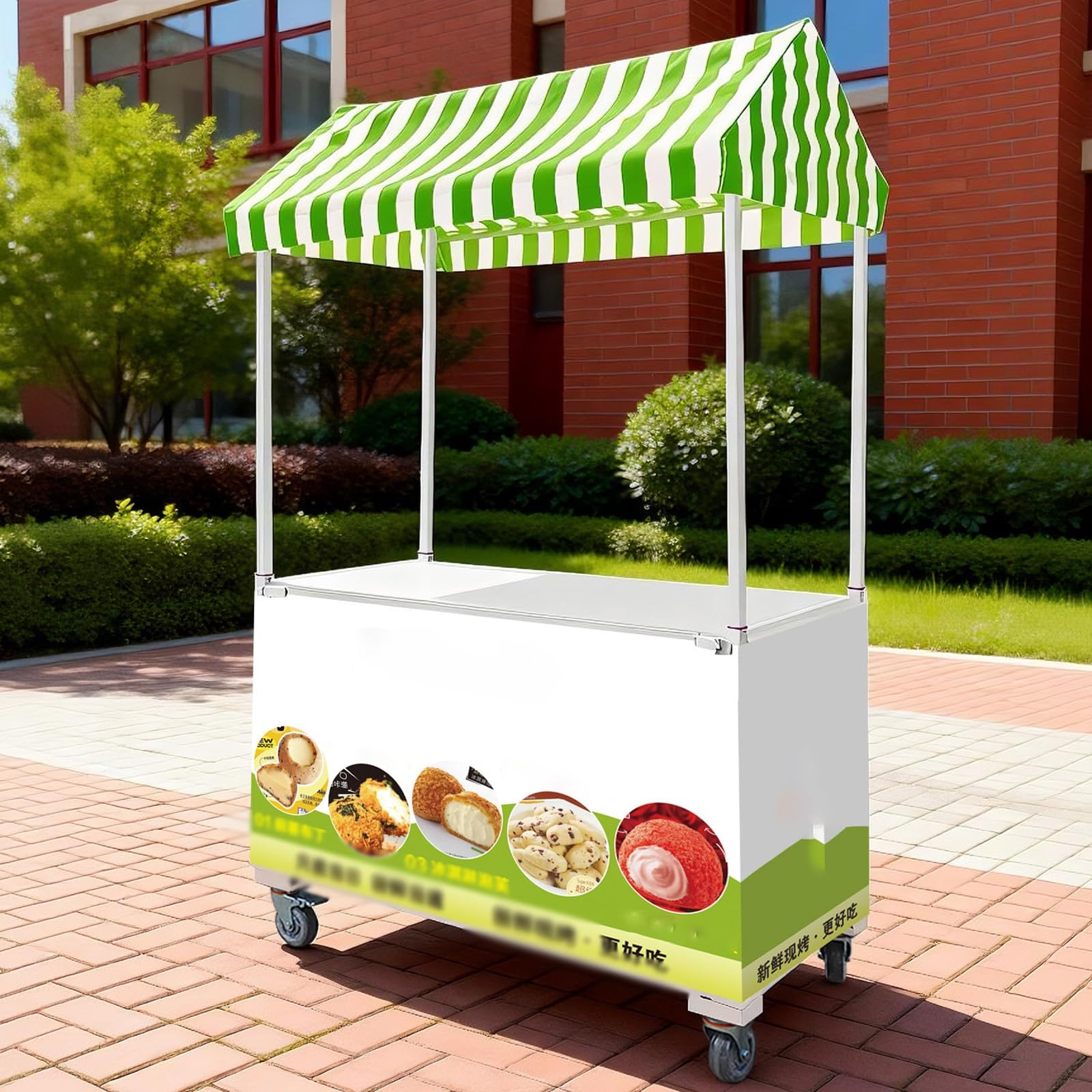 WLCGYD Heavy Duty Folding Vendor Stall Cart, 47 63 Inch Portable Street Vendor Food Carts with Striped Canopy & Wheels for Outdoor, Commercial Display Stand(Green,160cm/63in)