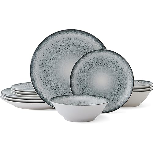 Mikasa Matteo 12 Piece Dinnerware Plate Bowl Set, Servie for 4, Gray