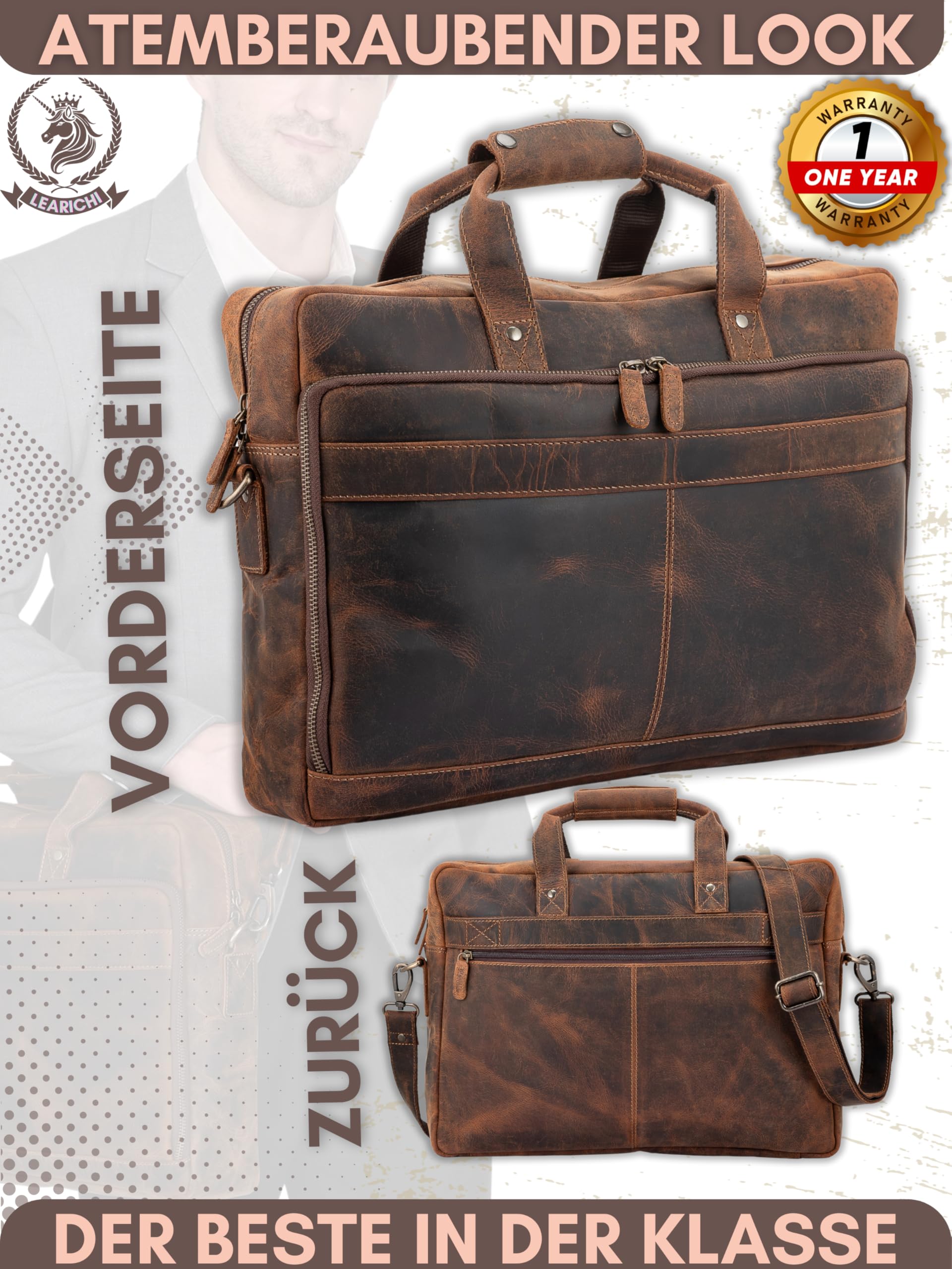 16 Zoll Herren Echt Jäger Leder Aktentasche Laptoptasche Ledertasche Business Laptop Tasche Große Messenger Umhängetasche Schultertasche Vintage Braun Bürotasche Arbeitstasche für Männer