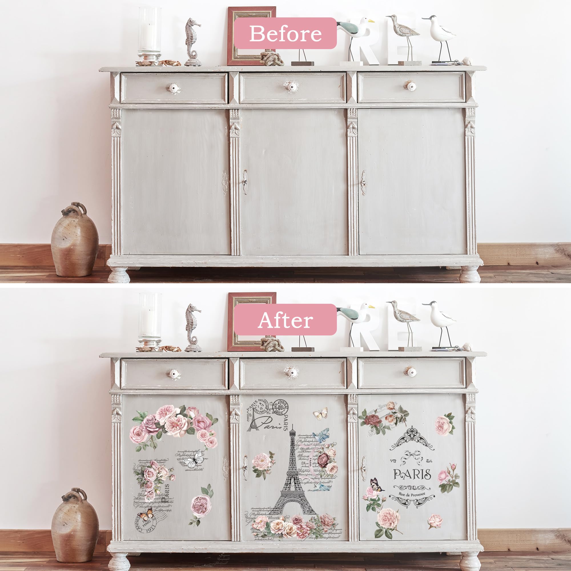 Transferencias Para Muebles De Flores - Pegatinas Grandes 42x30cm, DIY Para Madera, Vidrio, Metal, Ideal Para Decoración Y Manualidades (Estilo París Rosa)