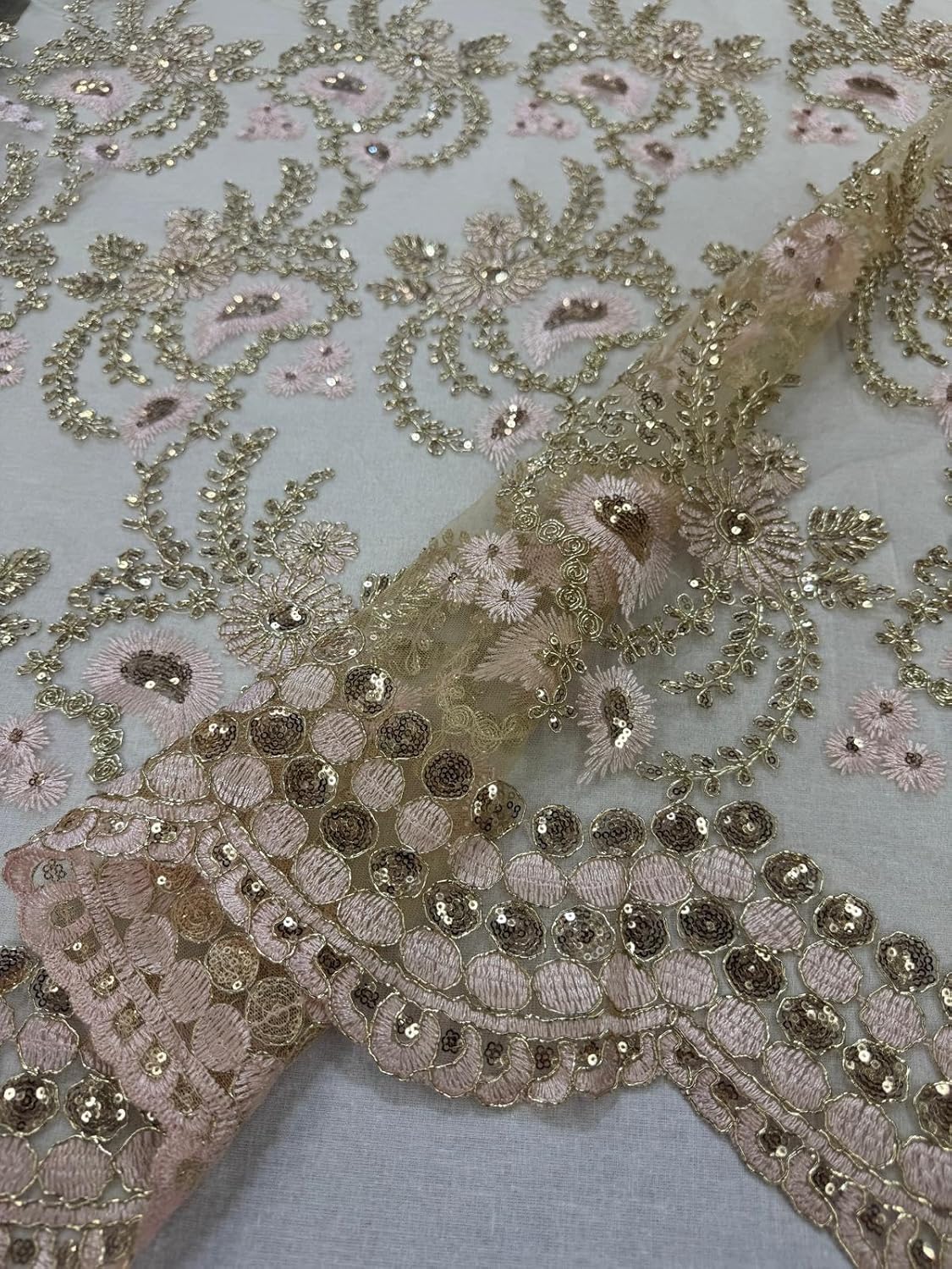 Sedona Designz 48"/50" Wide Corded Floral Lace Fabric with Sequins – Mesh Embroidered Prom & Bridal Fabric with Scalloped Edges, Elegant for Gowns, Décor & Crafts