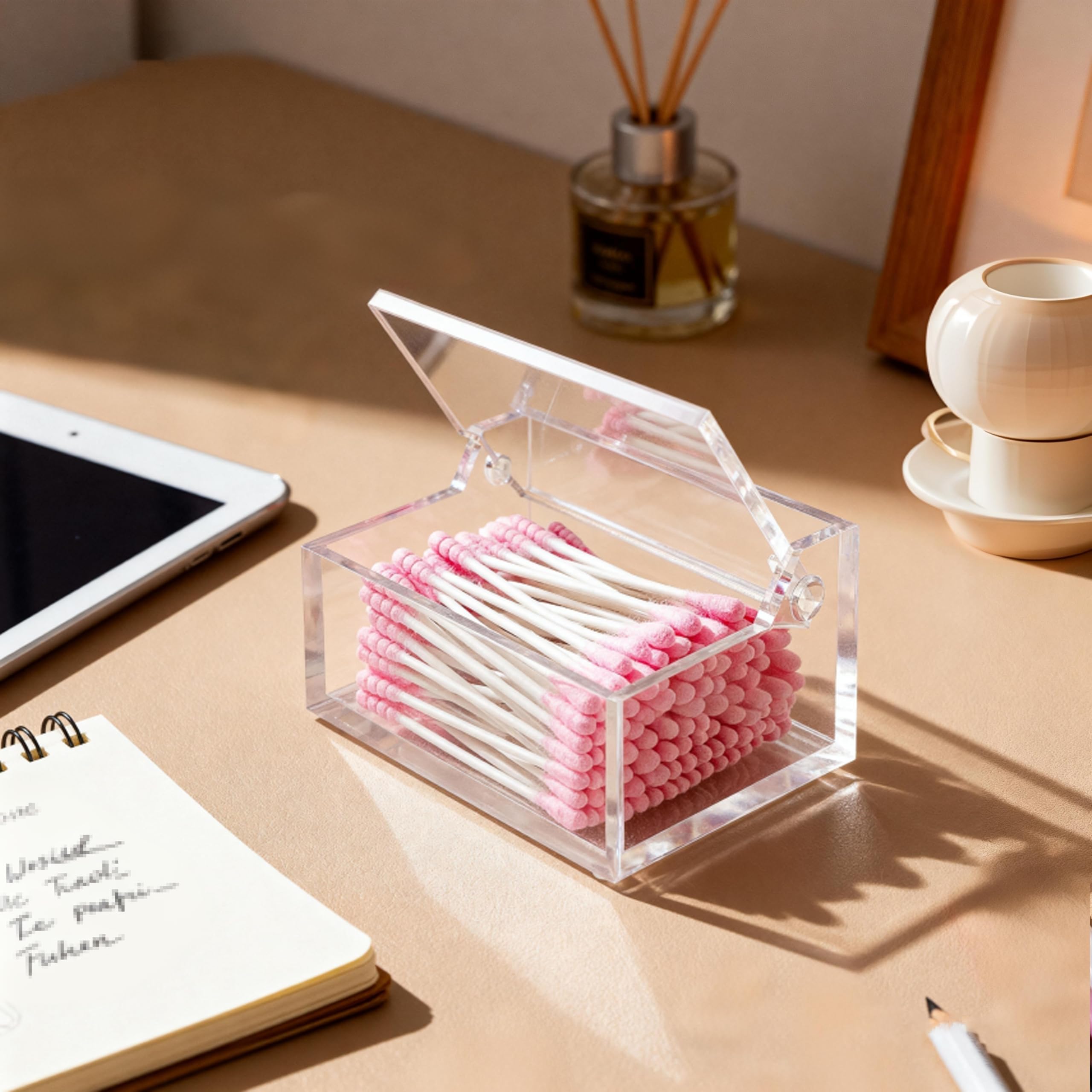 Qtip - Dispensador con tapa, organizador de bolas de algodón, organizador de hisopos de algodón acrílico transparente, soporte cuadrado para almohadillas de maquillaje, estuche de