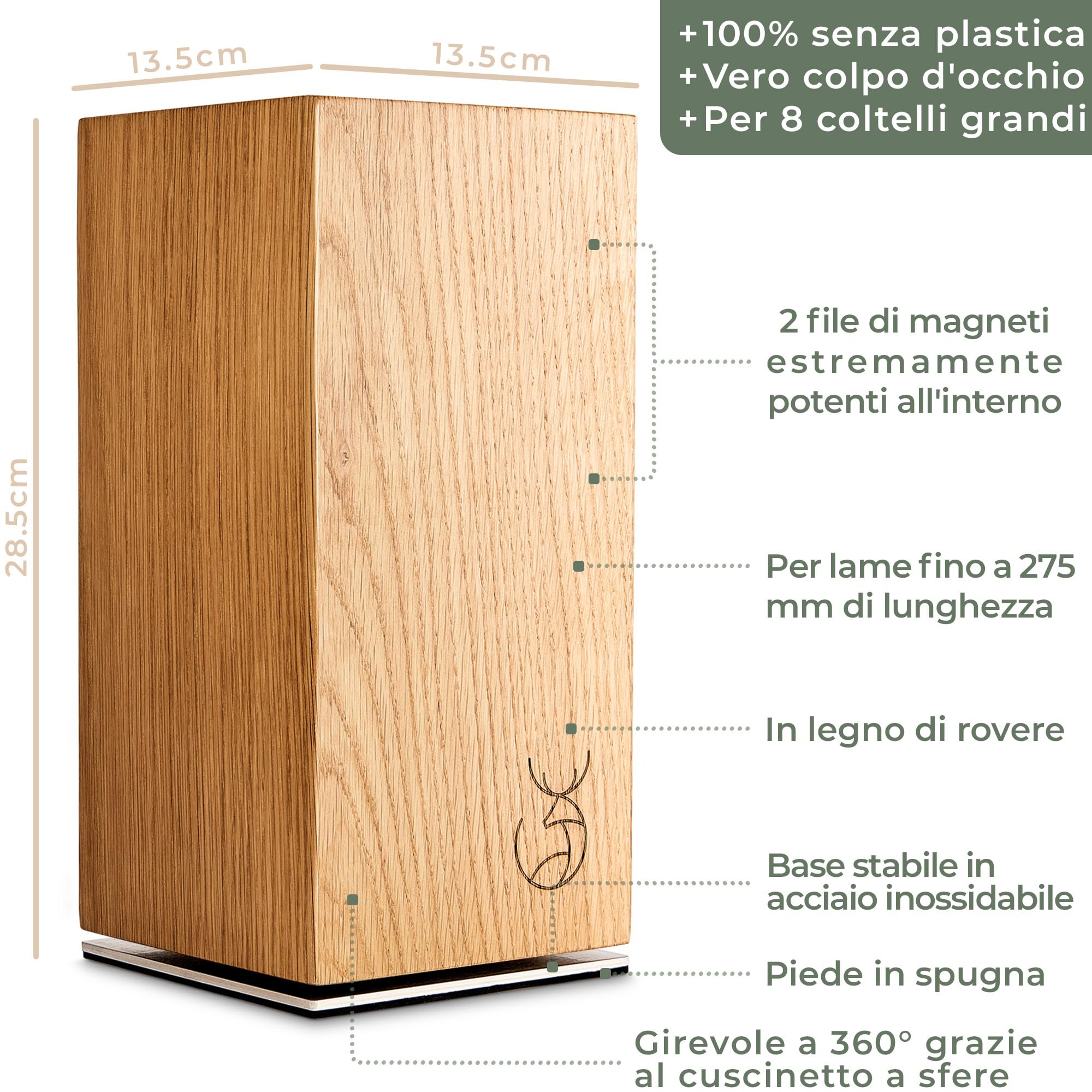 WALDWERK Design Ceppo Coltelli da cucina - porta coltelli cucina - magnetico e girevole in pregiato legno di quercia - portacoltelli da cucina
