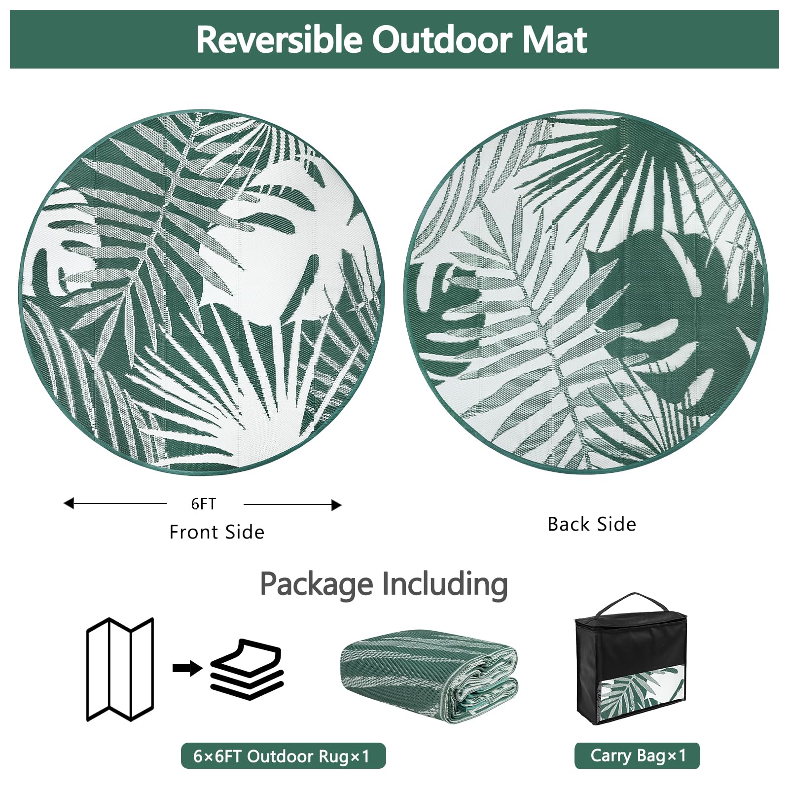 Capslpad Tapis d'extérieur rond réversible et léger en paille de plastique recyclé, portable, pour jardin, camping, terrasse, barbecue, plage, vert foncé 180 cm