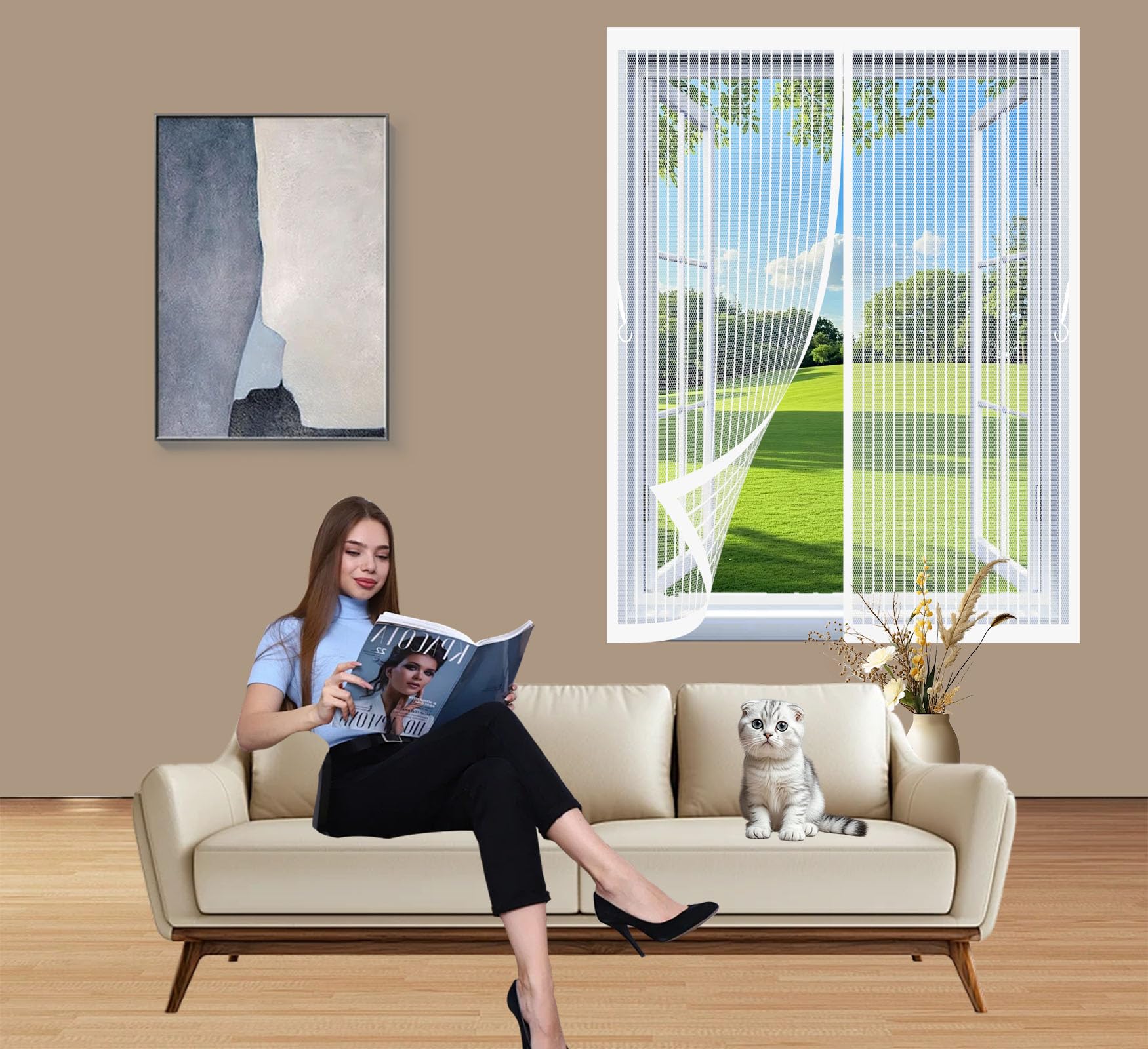 Anjiajie White Fly Screens For Windows 138 X 205 Cm With Magnets, No Drill Door Screen For Flies/Bugs Magnetic Flyscreen Net For Living Room Kitchen Patio,