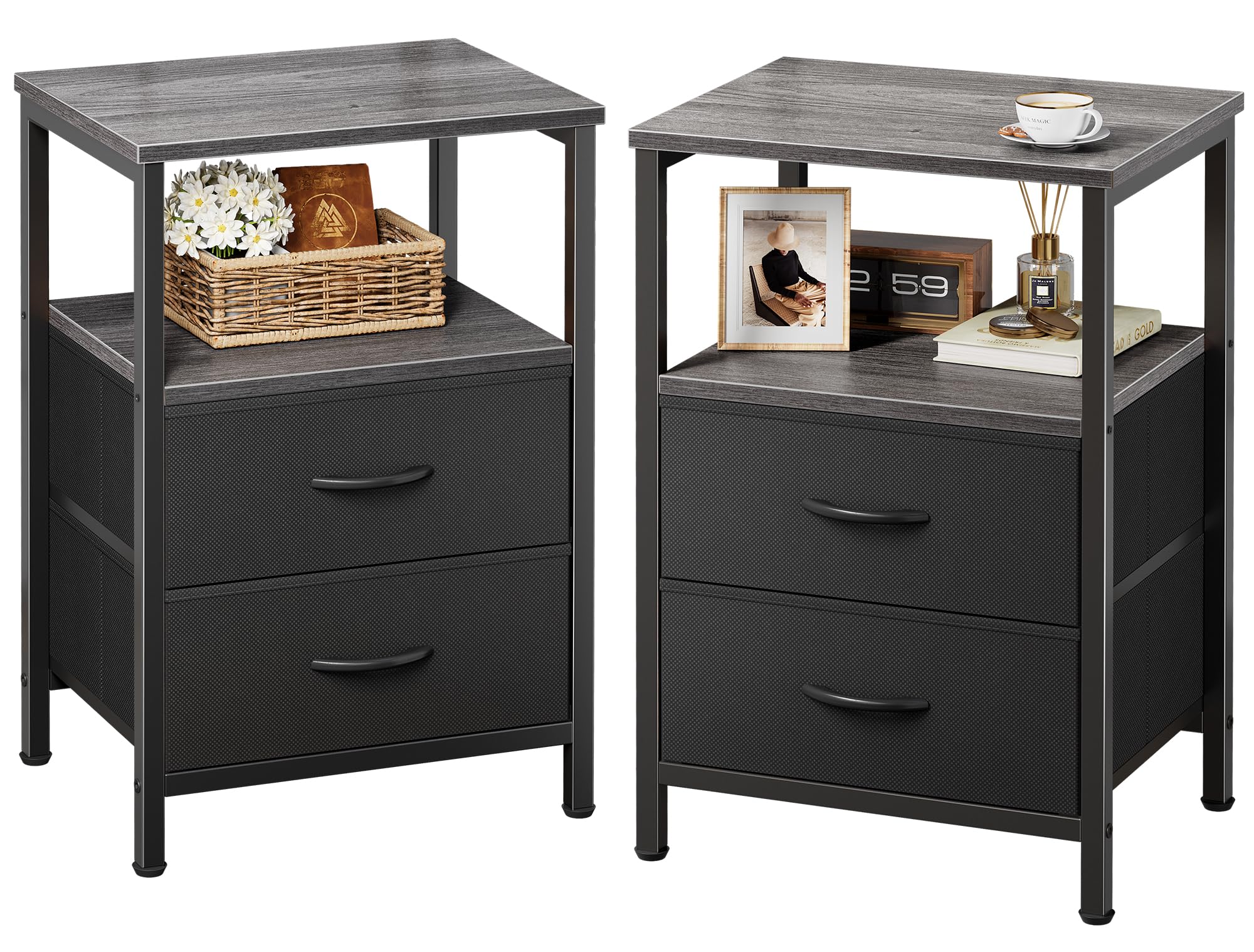 Huuger Night Stand Set of 2, Nightstand with 2 Drawers, Bed Side Table with Open Shelf, Wooden Top, End Table, Fabric Drawer, for Bedroom, Grey