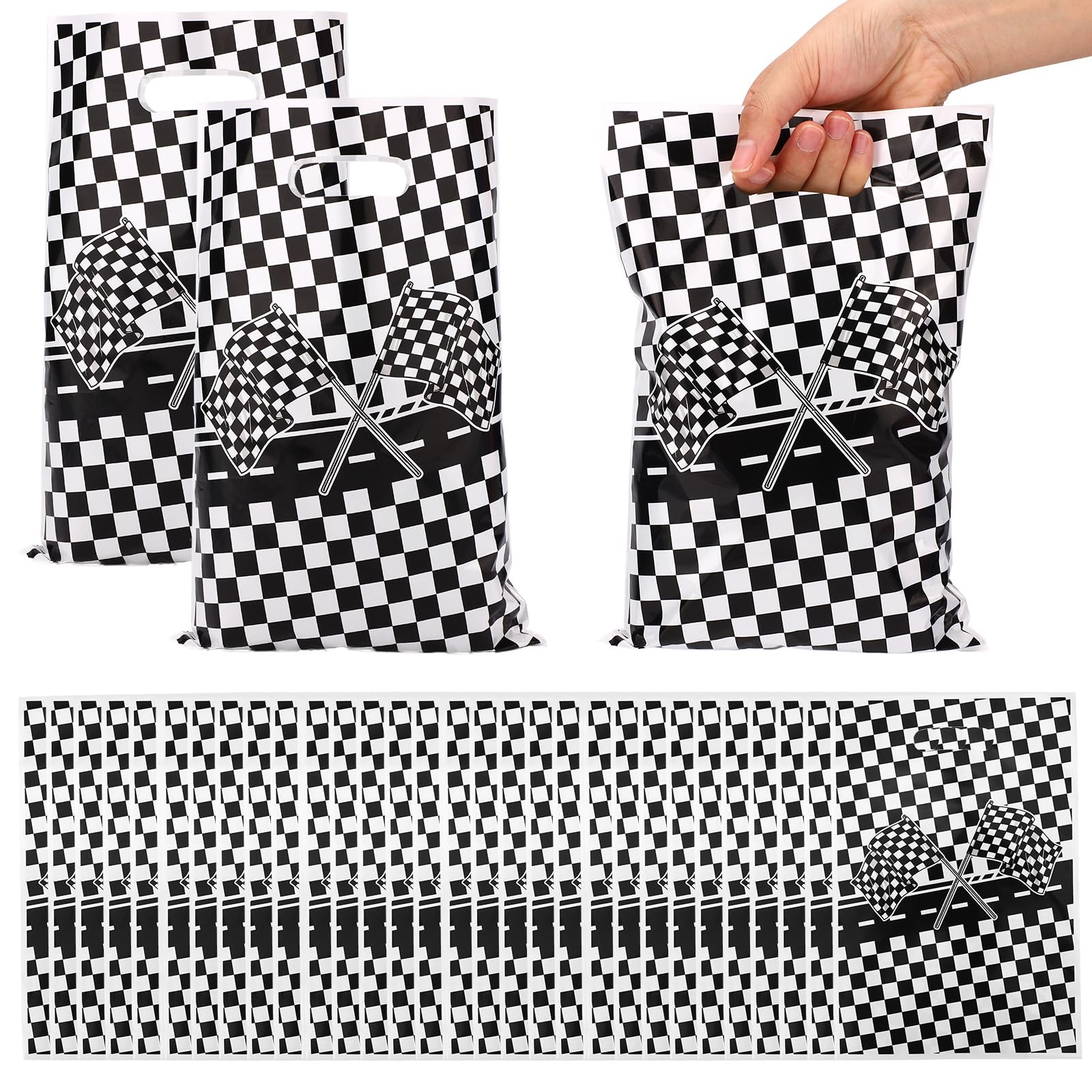 50pcs Checkered Racing Gift Bags, Black and White Checkered Flag Candy Bags with Handles Speed Racing Theme Cookie Treat Goodie Party Favor Bag for Race Car Birthday Party Decorations