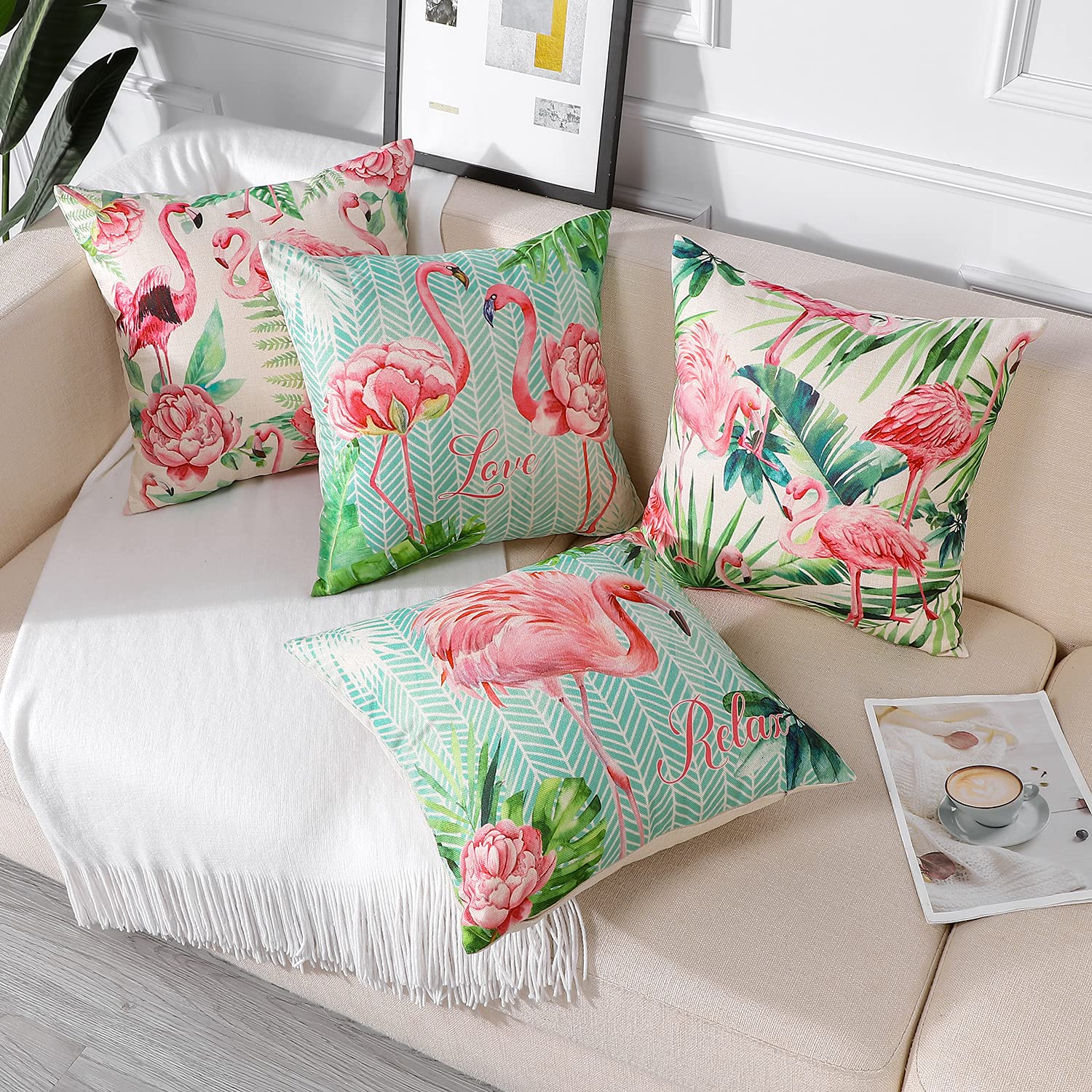 Artscope Imperméable Housse de Coussin, Lot de 4 Extérieur Flamant et Fleurs Roses Canapé Taie d'oreiller pour Patio Jardin Salon Chambre Décoration, 45x45cm