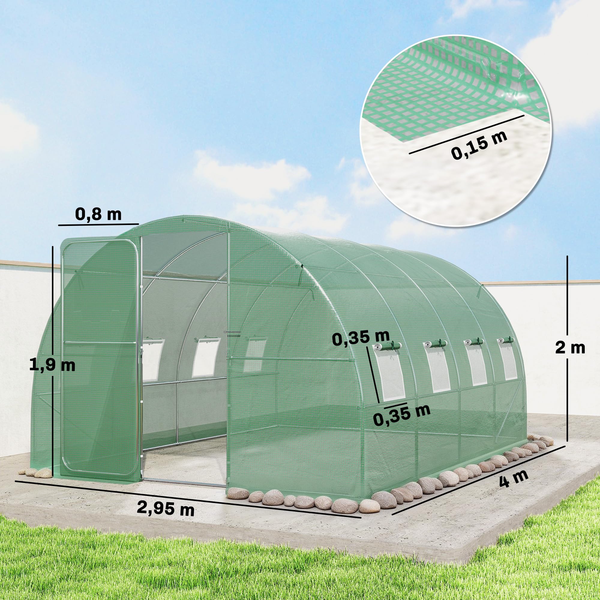 Outsunny Serre Tunnel de Jardin 12m² 295x400x200cm Cadre Acier galvanisé Porte 8 fenêtres bâche PE 140 g/m² Vert