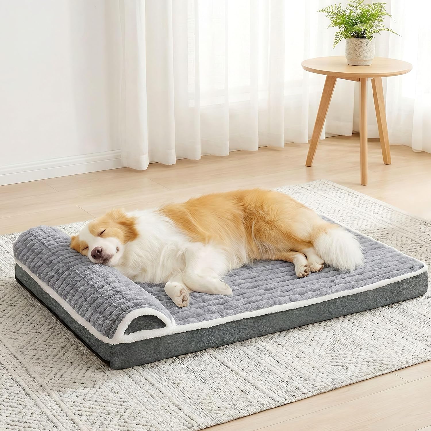 Panier Chien Moyen Orthopédique, Lit Matelas pour Chien avec Oreiller Latéral Moelleux, Coussin Déhoussable Lavable en Machine, Imperméable, Base Antidérapante, 91x61cm, Gris