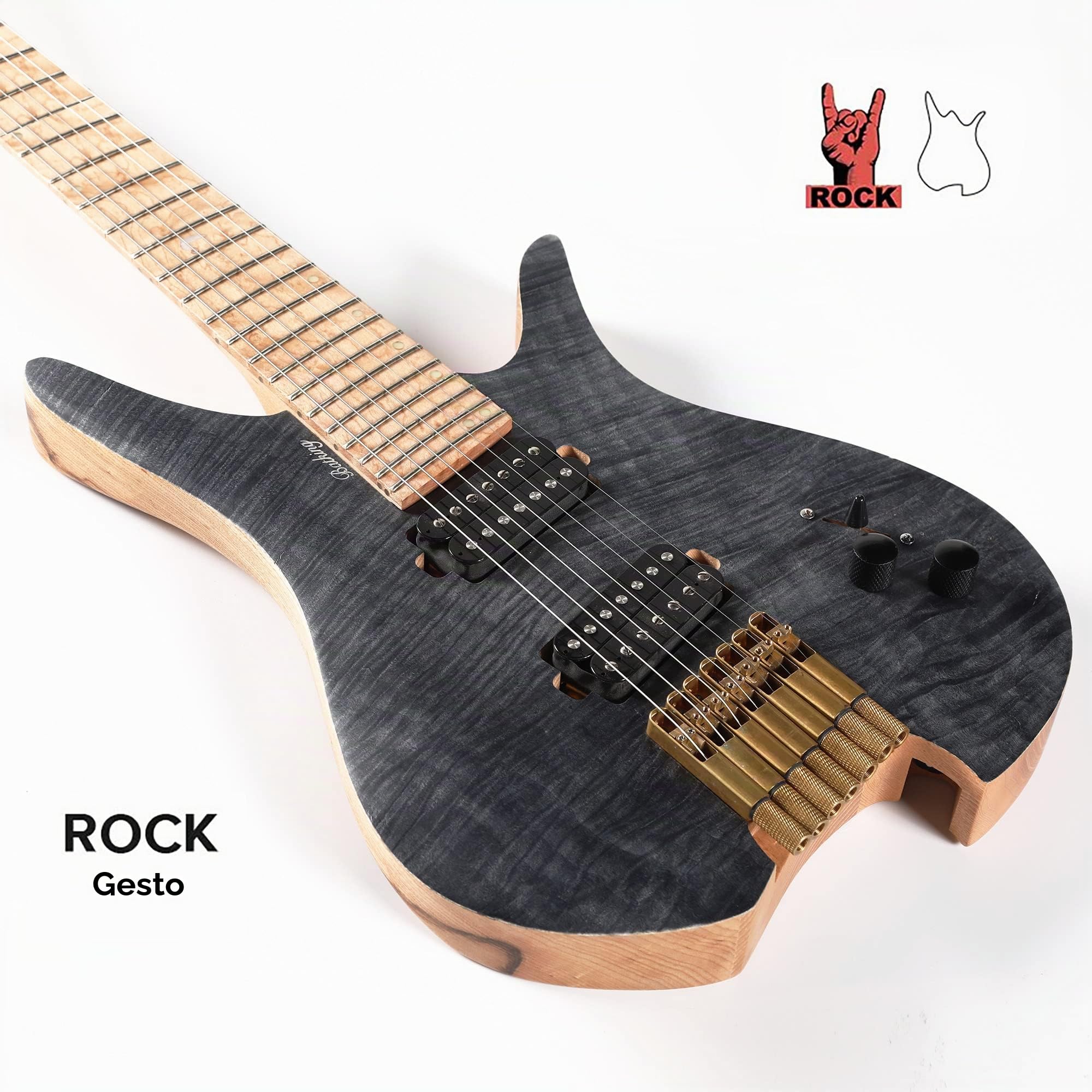 Batking Chitarra Elettrica da Viaggio a 7 Corde senza Testa con Tasti Sfalsati per Adulti (Nero Opaco)