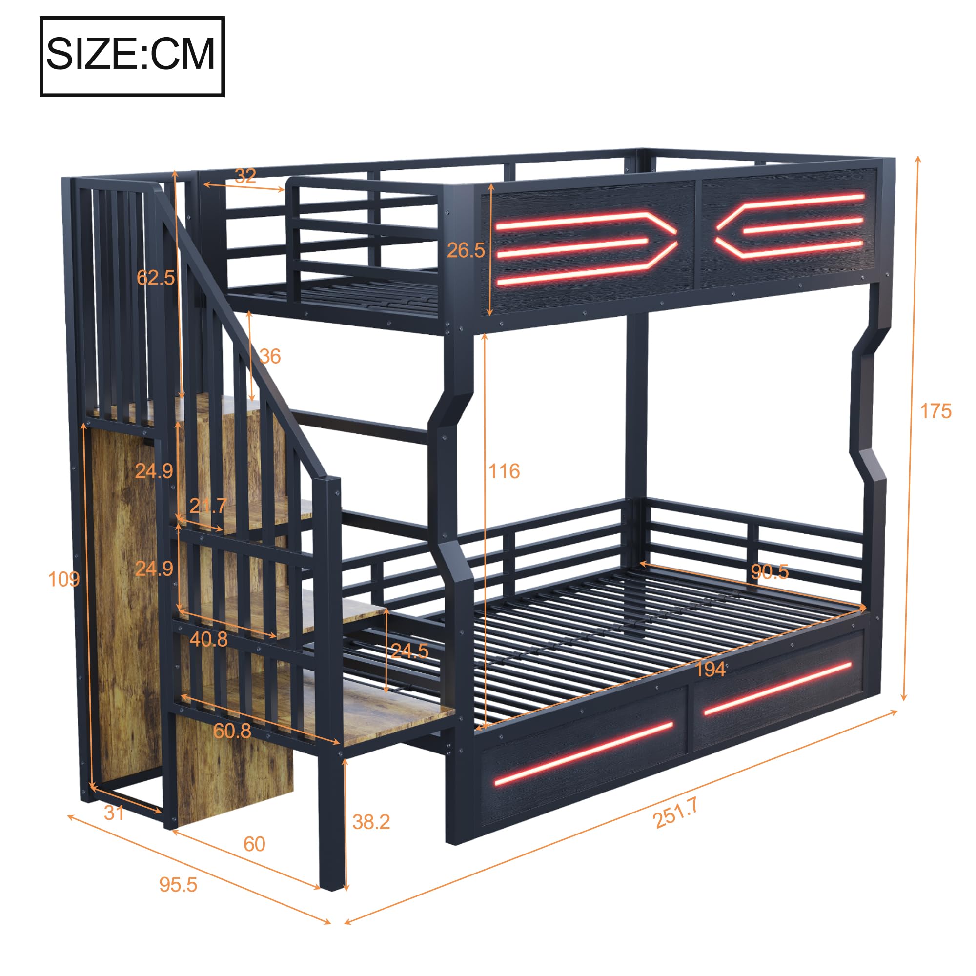 Sapgaks Lit superposé Enfant 90 × 200 cm avec LED,lit Mezzanine 2 Places,lit superposé 2 Places,lit Enfant avec Barriere,lit Double Enfant barrières latérales Hautes,avec Espace de Rangement (Noir-5)