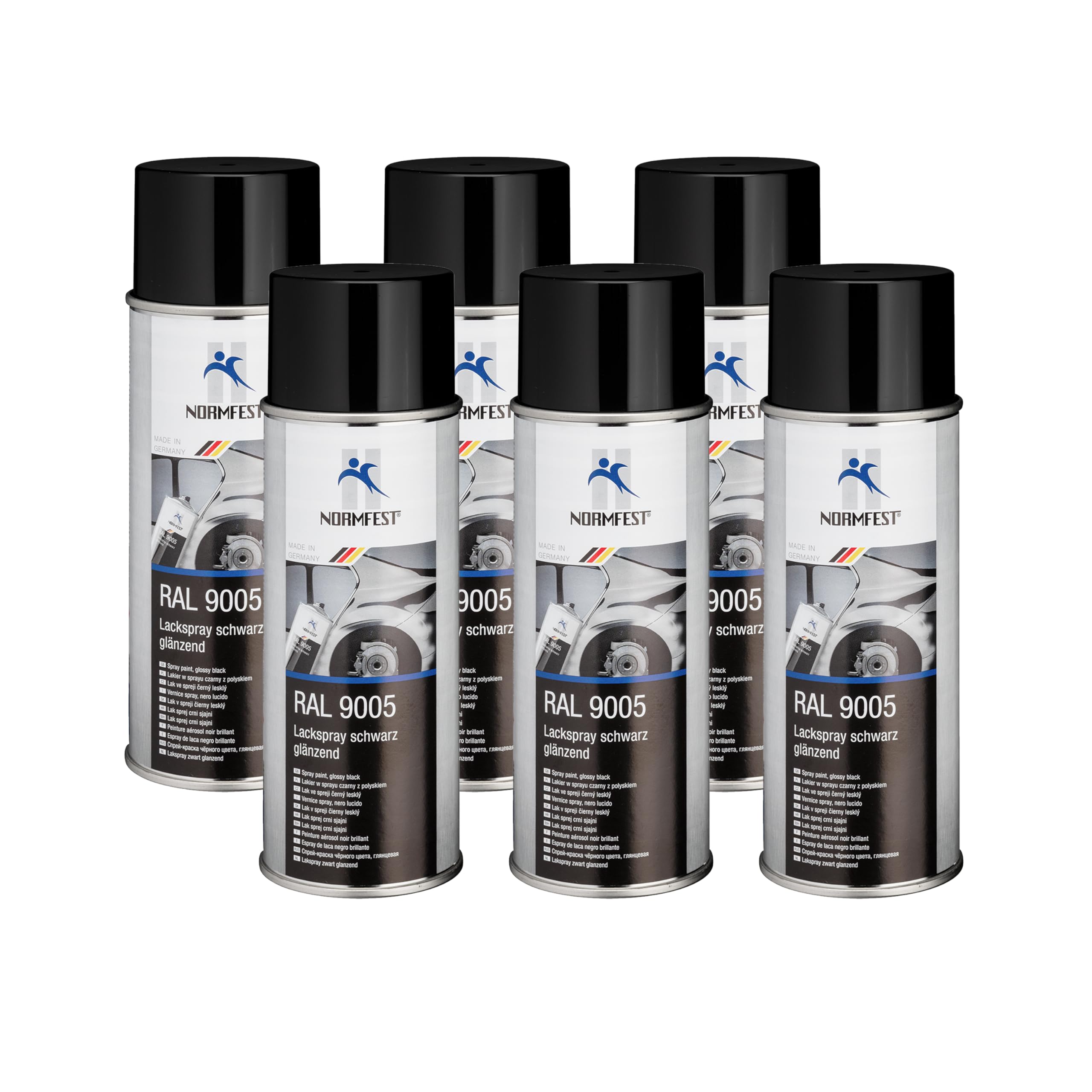 Normfest Lackspray RAL 9005 Schwarz Glänzend – Schnelltrocknender Nitro-Kombinationslack mit hoher Deckkraft, kratz- und witterungsbeständig, für Metall, Kunststoff & Holz geeignet – 6x 400ml