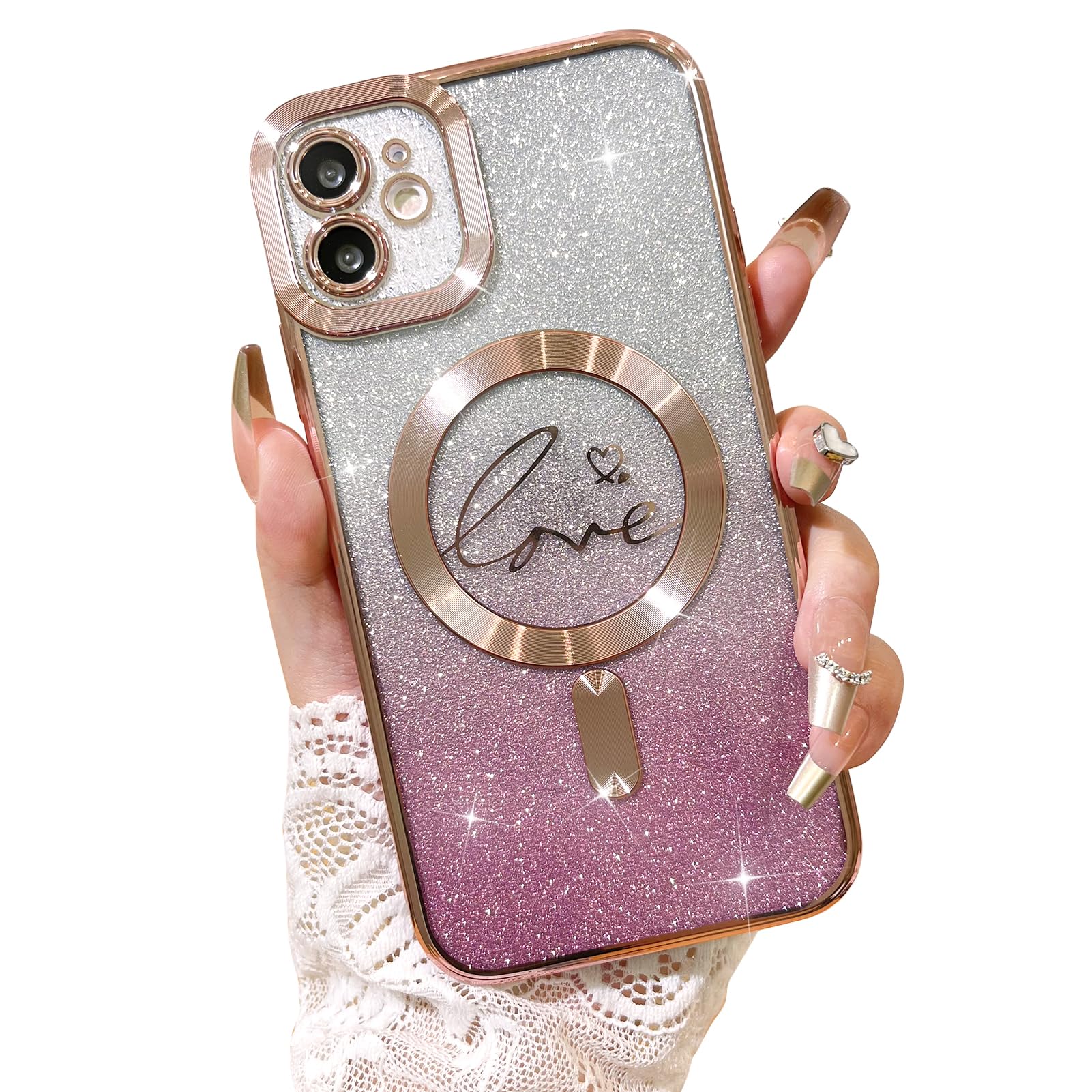 Fiyart Compatible with iPhone 12 Case,Compatible with MagSafe Love Heart Plating Camera Protection TPU Magnetic Glitter for Women Girls Shockproof