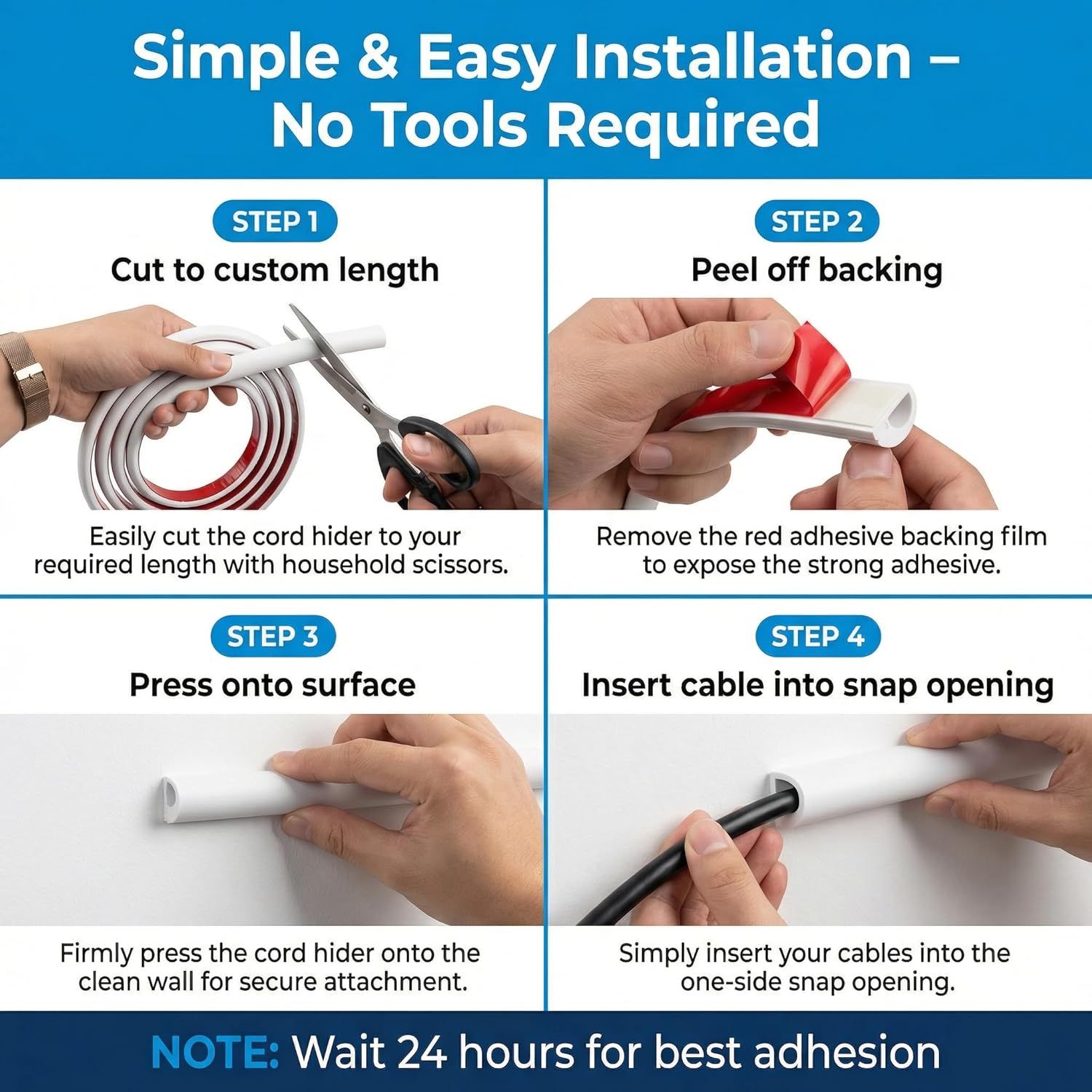 Cord Hider Wall for 2-3 Cables, 118" Self Adhesive Silicone Cord Covers for Wires On Wall, Flexible Wire Covers for Cords On Wall, Cable Cover Raceway for Home, Office, White (1.06" W x 0.5" H)