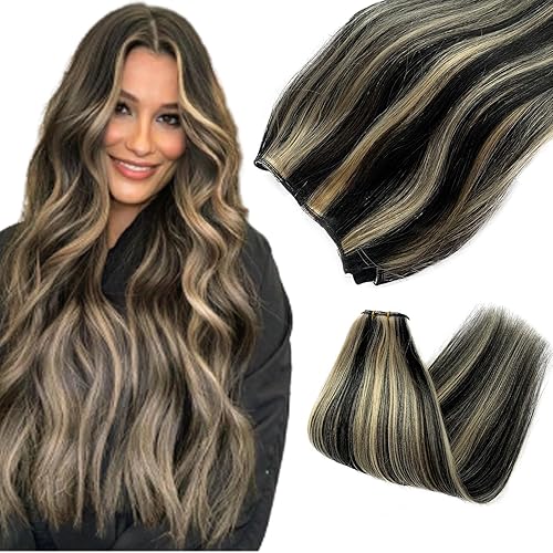 Smavida Extensiones de cabello humano real para coser, balayage, mezcla de negro y rubio decolorado, extensiones de cabello humano lacio para mujer,